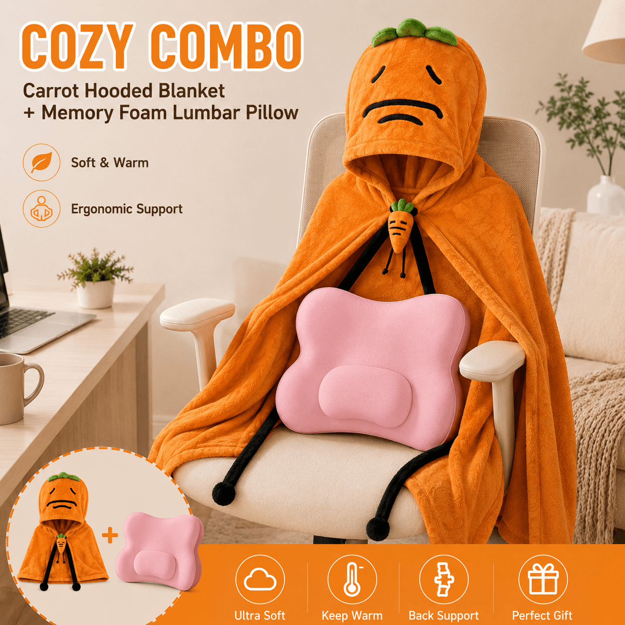 Carrot Hooded Blanket with Sakura Pink Memory Foam - Sakura Lumbar Support
