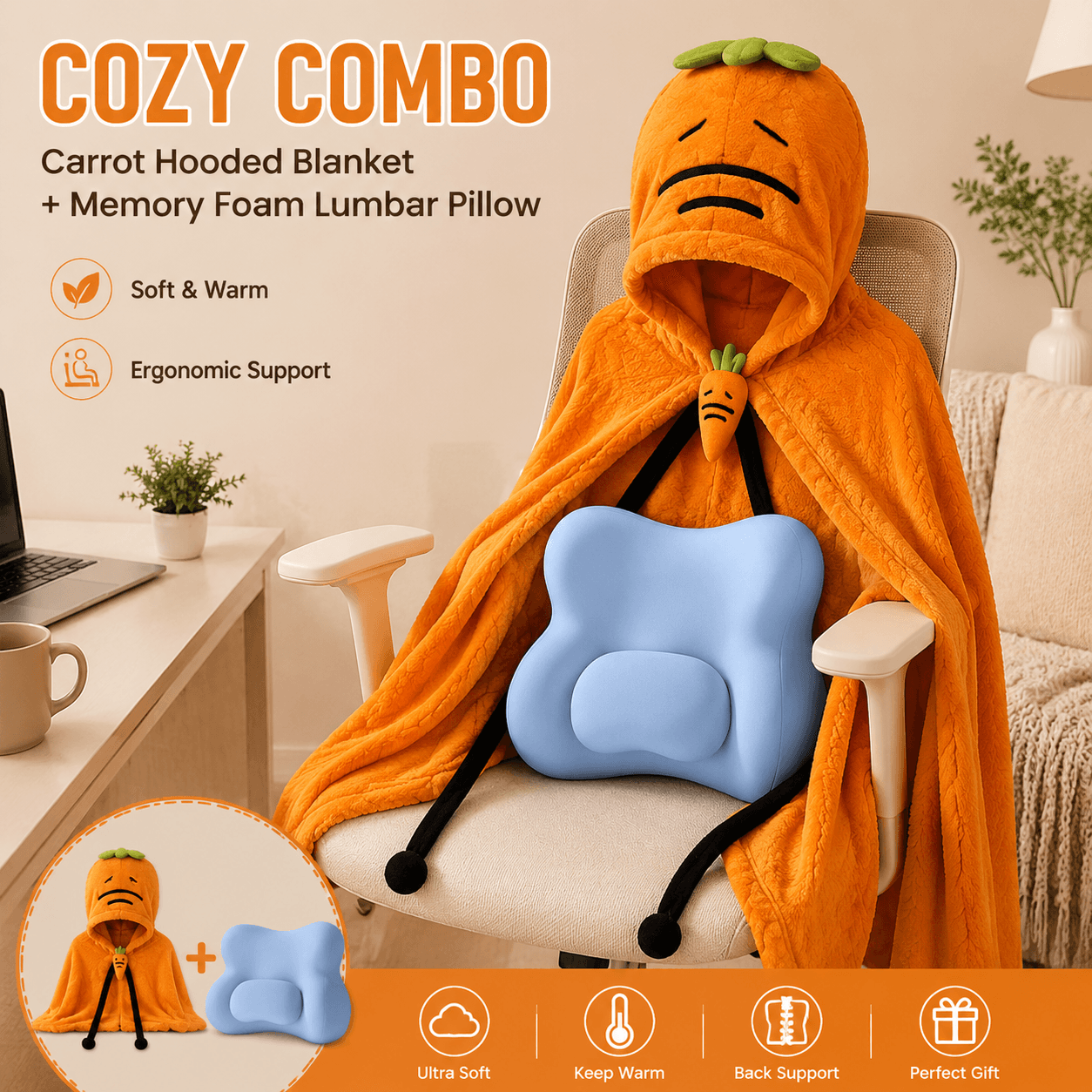 Carrot Hooded Blanket with Blue Memory Foam Lumbar Support Pillow, Cozy