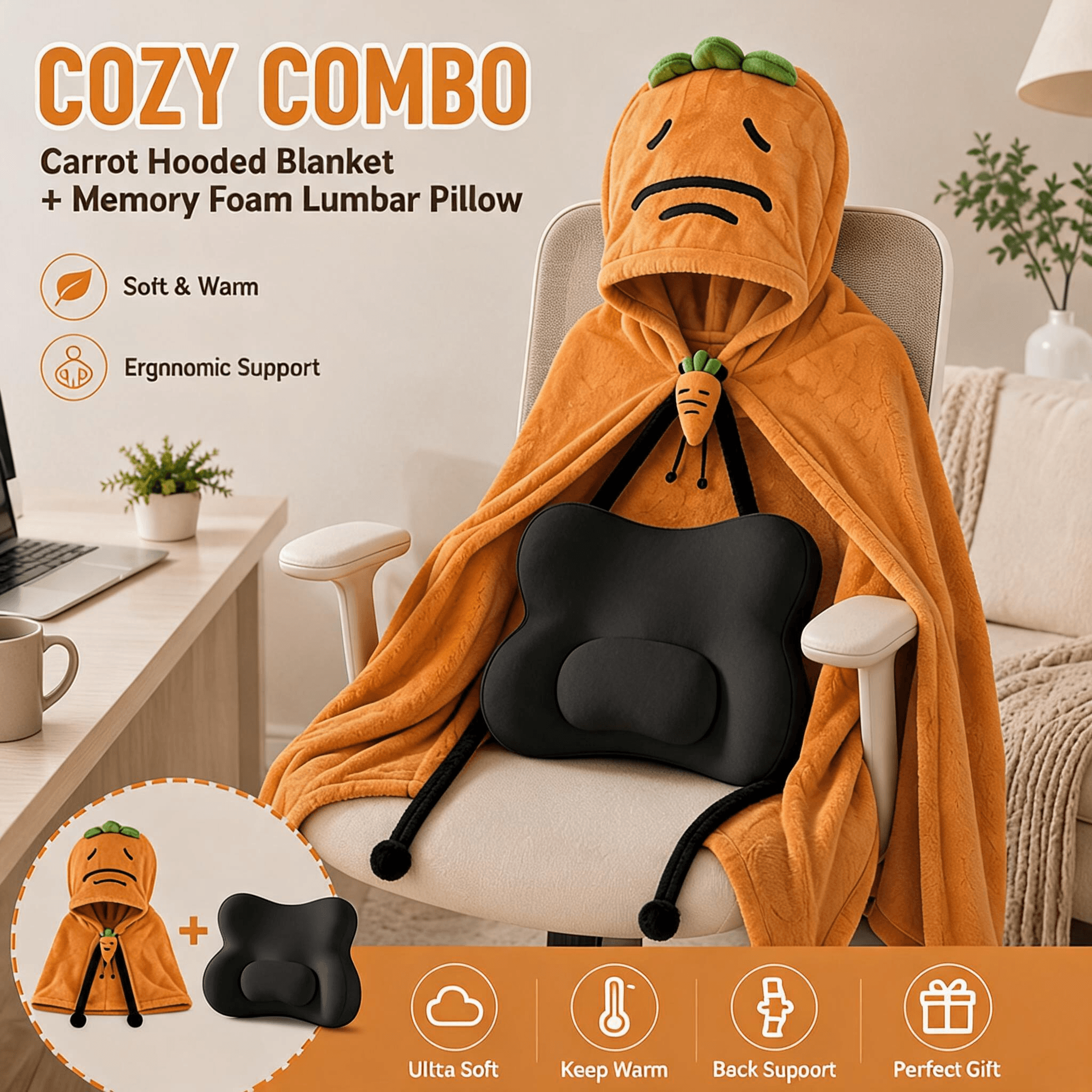 Carrot Hooded Blanket with Black Memory Foam Lumbar Support Pillow, Cozy