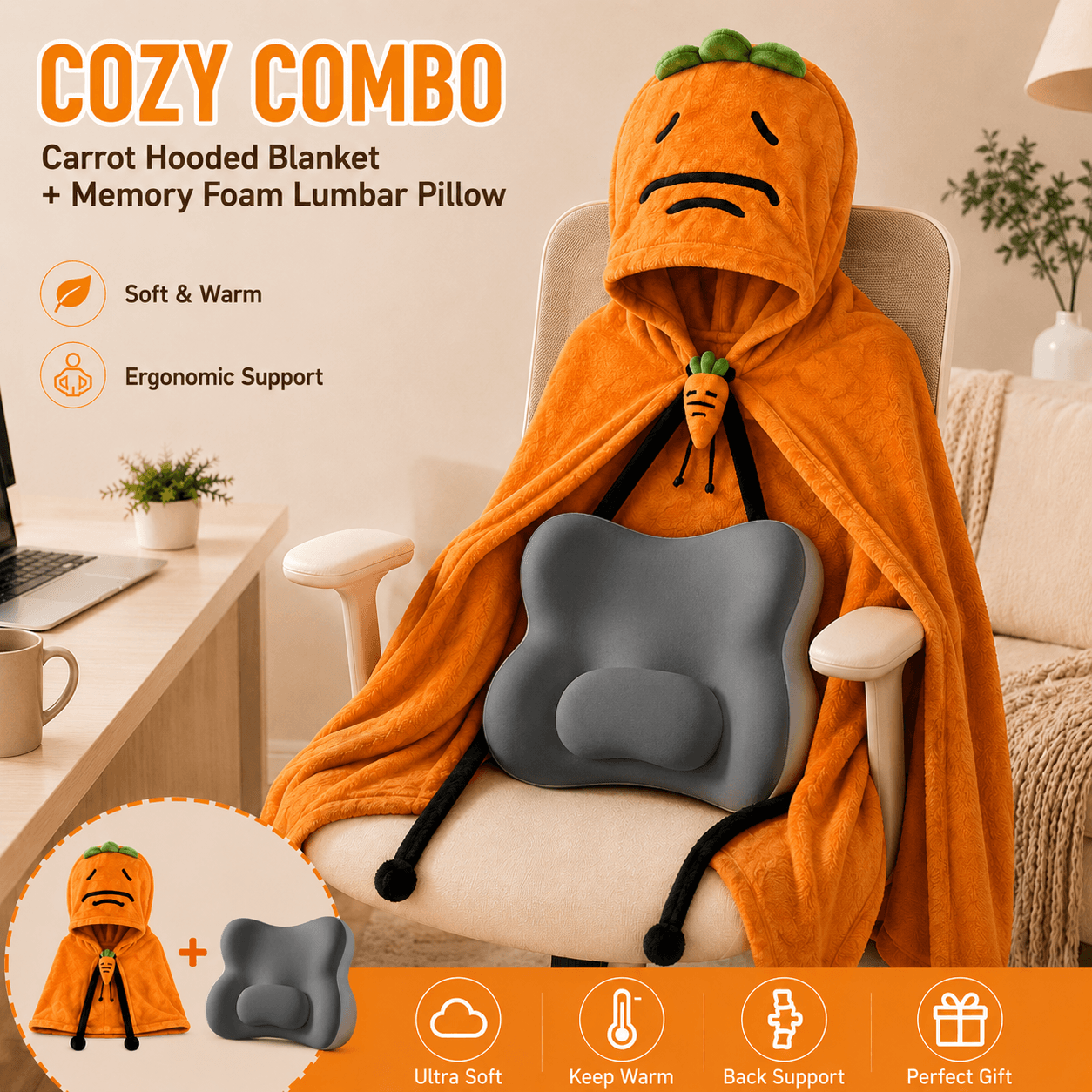 Carrot Hooded Blanket with Grey Memory Foam Lumbar Support Pillow, Cozy