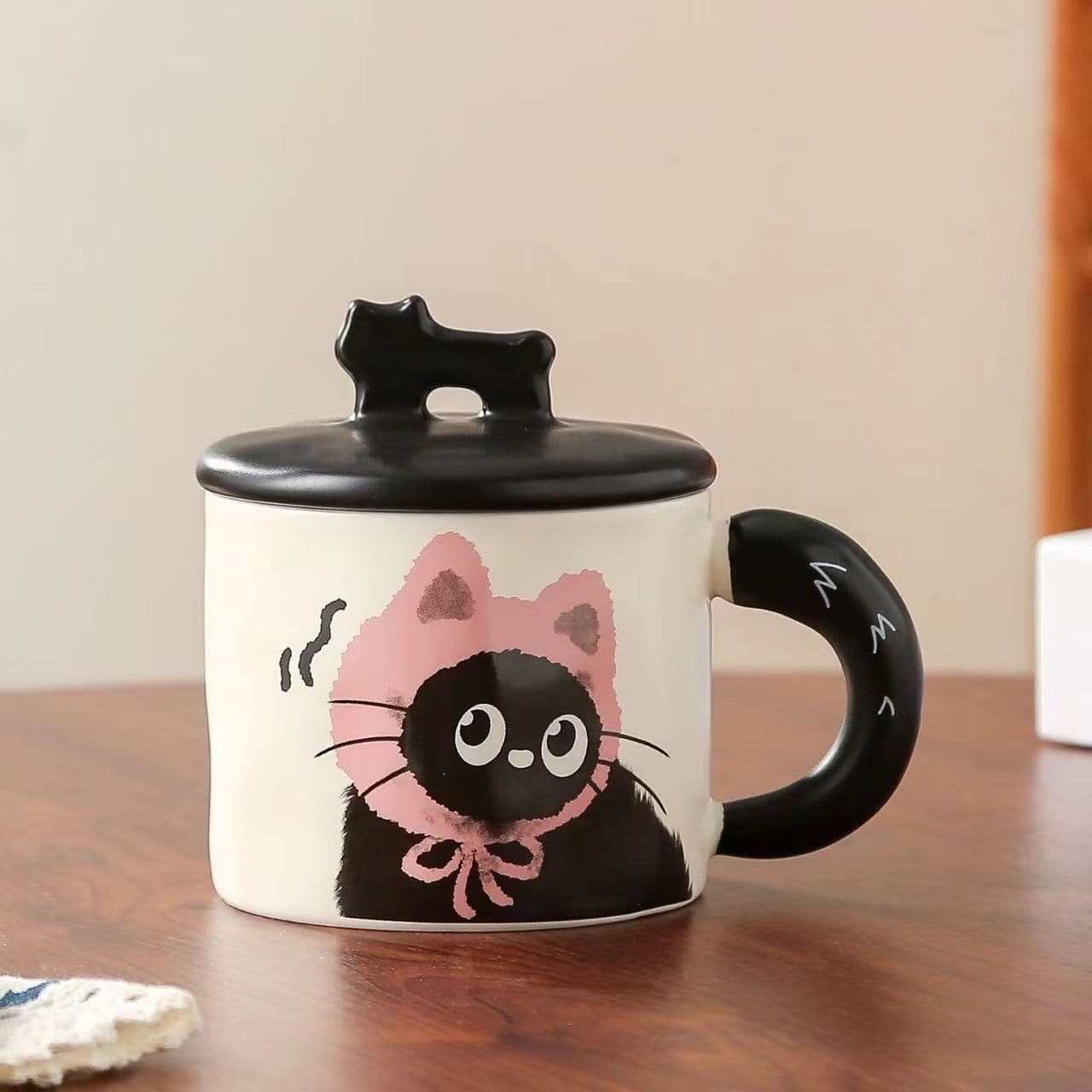 Pink Cat Ceramic Mug with Lid 360 ml, Kawaii Coffee Cup Gift Set for Home