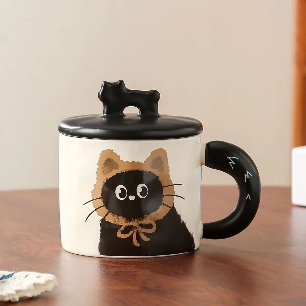 Brown Cat Ceramic Mug with Lid 360 ml, Kawaii Coffee Cup Gift Set for Home