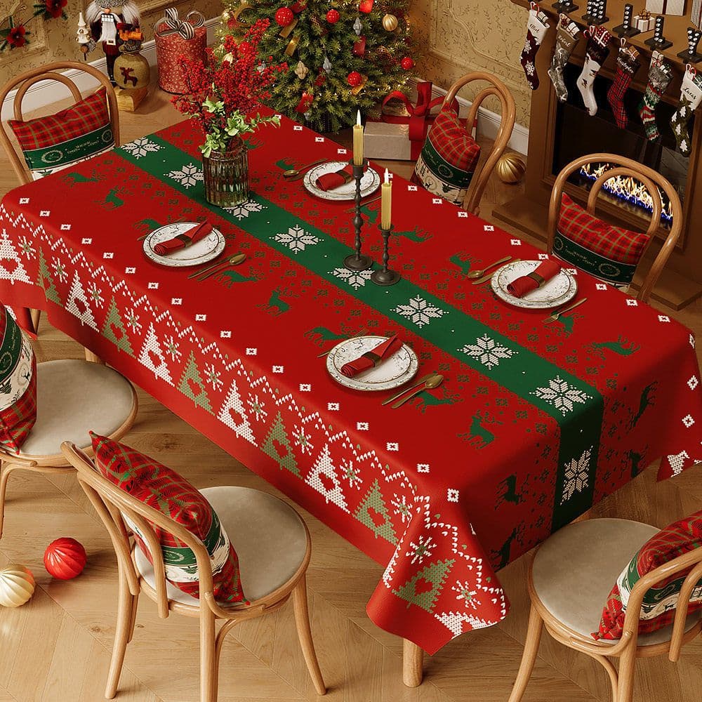 Christmas Waterproof Tablecloth (Reindeer Design) 140 × 200 cm - Red festive