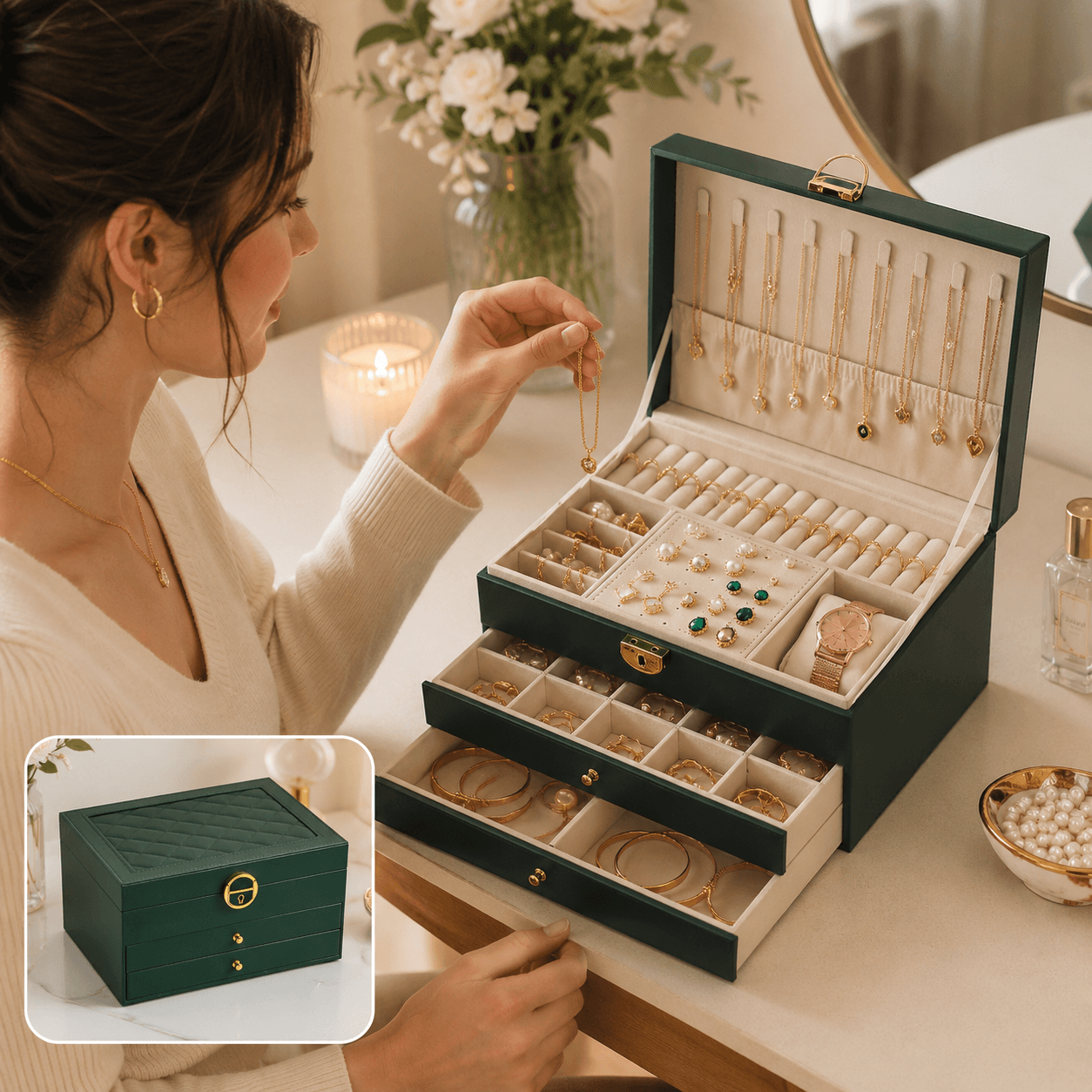 Dark Green Large Lockable Jewellery Box with 3 Drawers PU Leather Jewellery