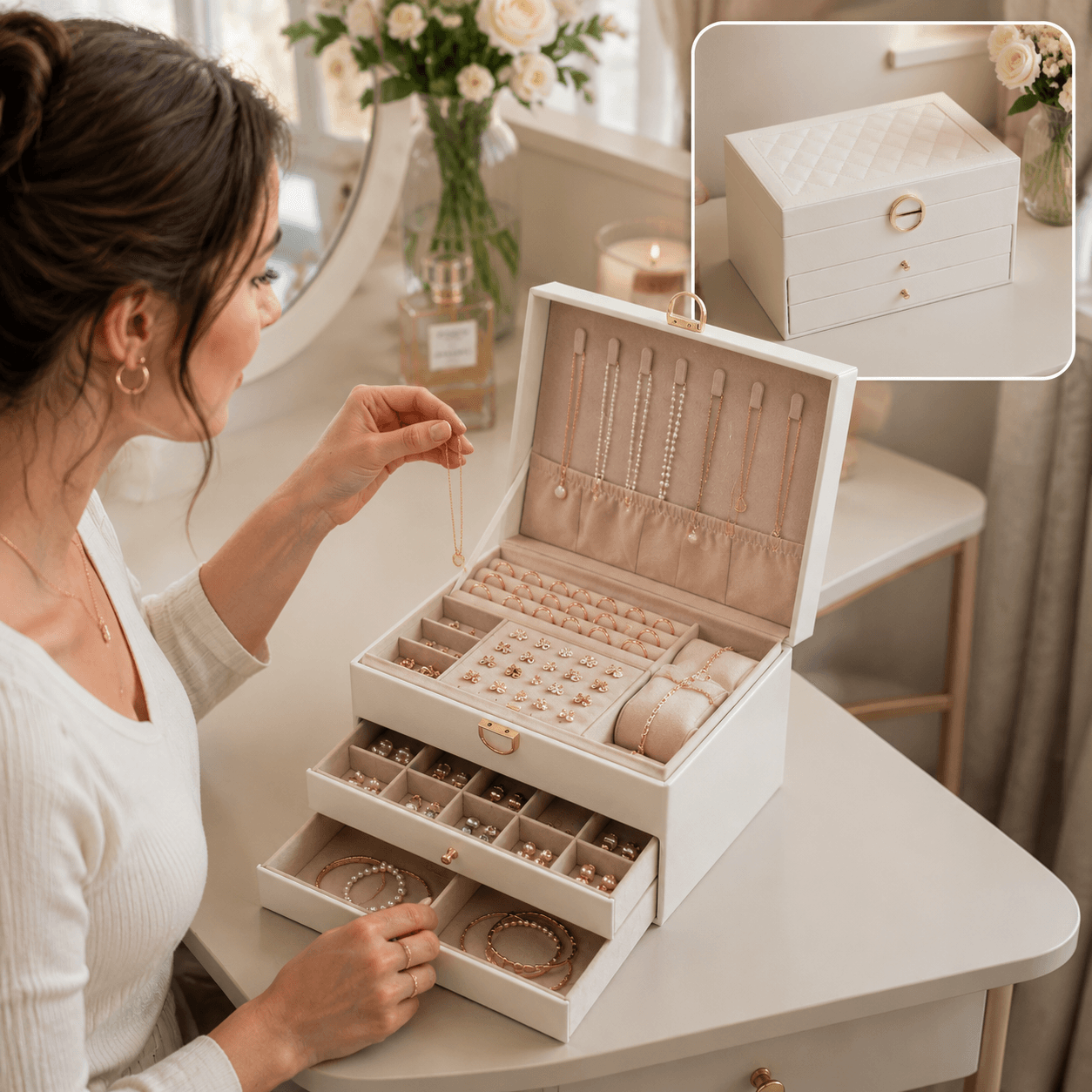 White Large Lockable Jewellery Box with 3 Drawers PU Leather Jewellery