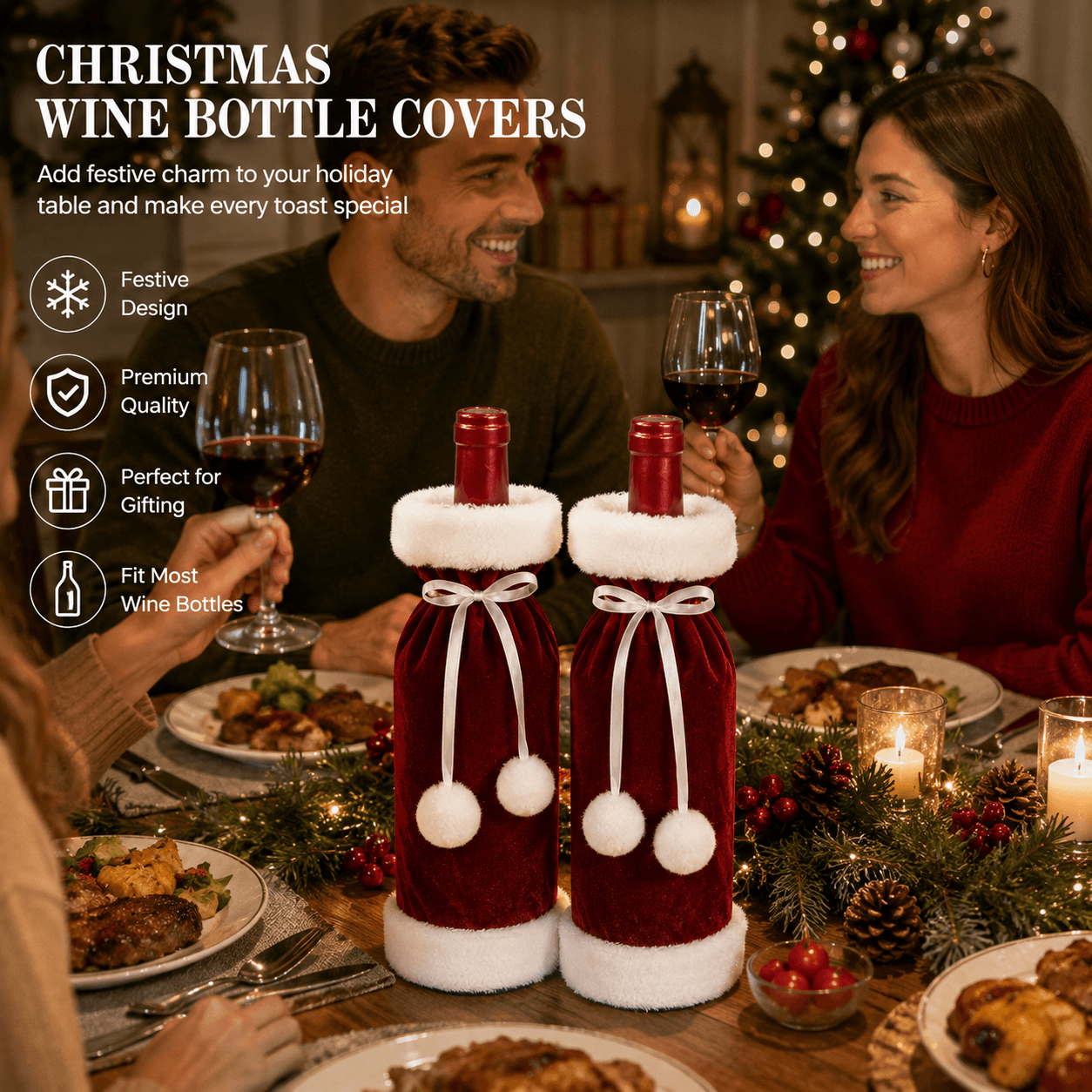 2 Pack Red Christmas Velvet Wine Bottle Covers with Faux Fur Trim - Red Bags