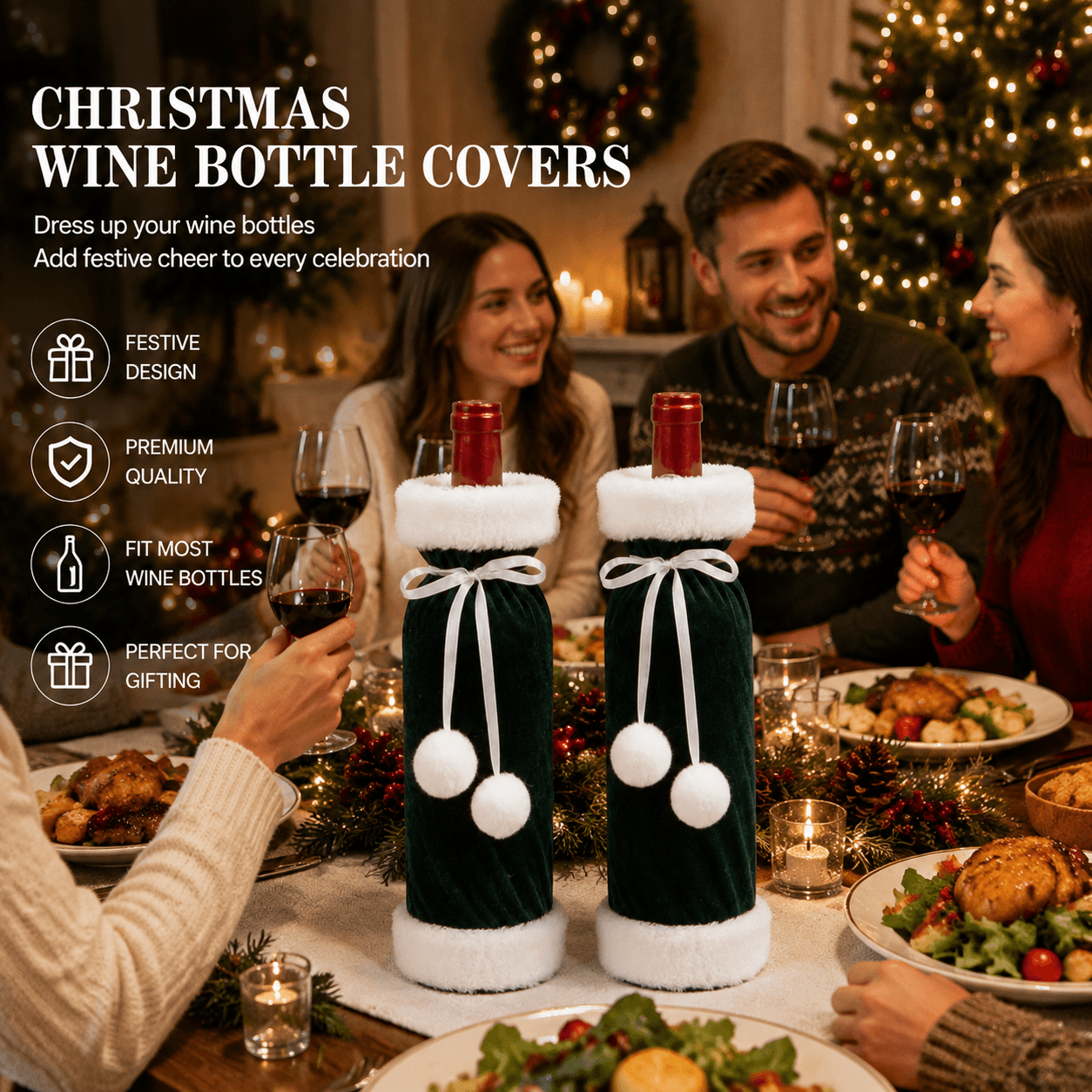 2 Pack Green Christmas Velvet Wine Bottle Covers with Faux Fur - Green Bags
