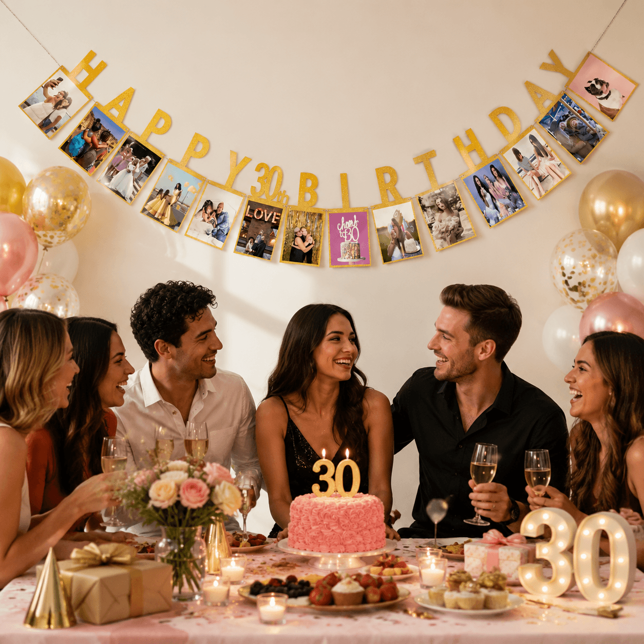 30th Birthday Photo Banner Garland, Gold Happy Birthday Photo Display