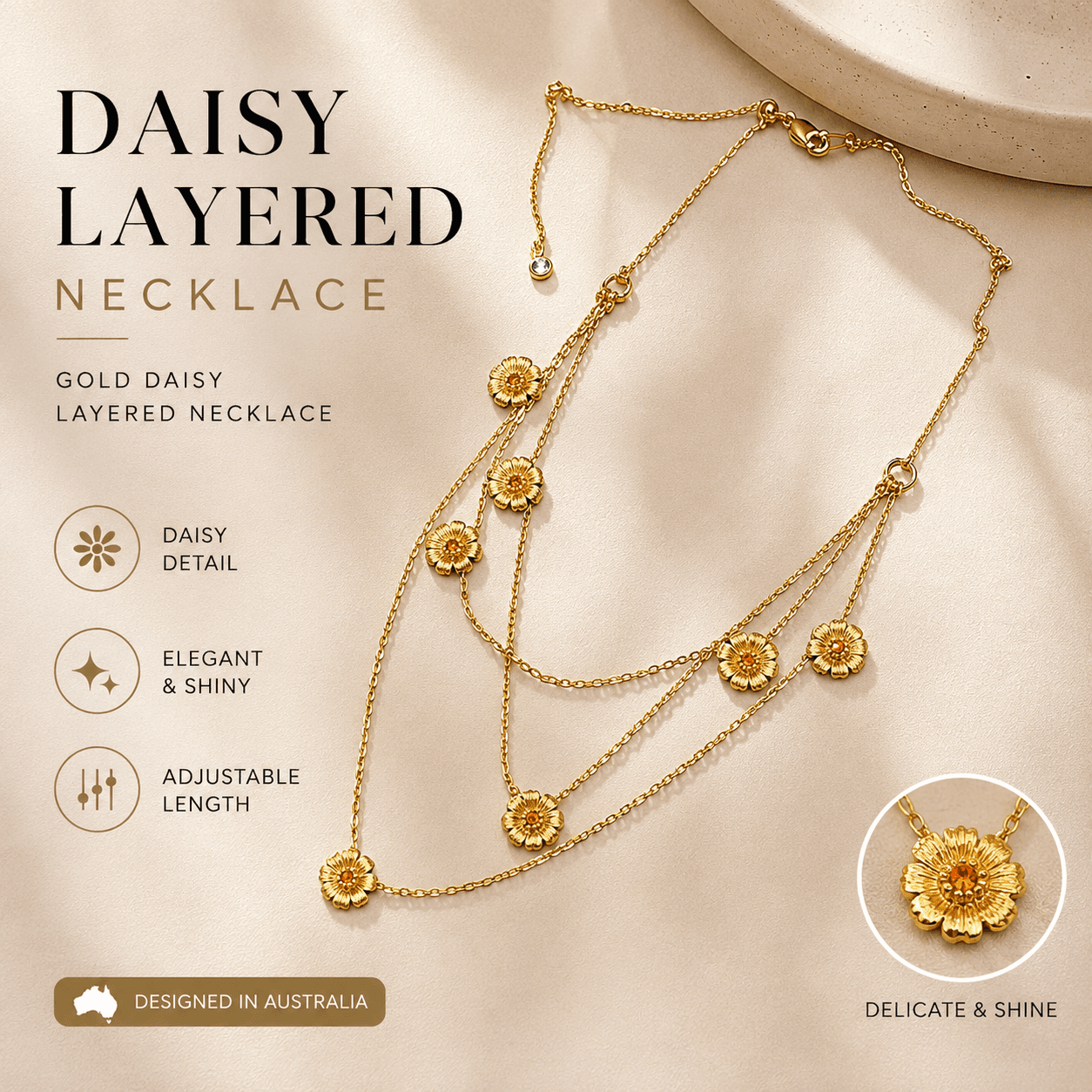 Gold Daisy Layered Necklace for Women Multi Strand Floral Pendant Collarbone
