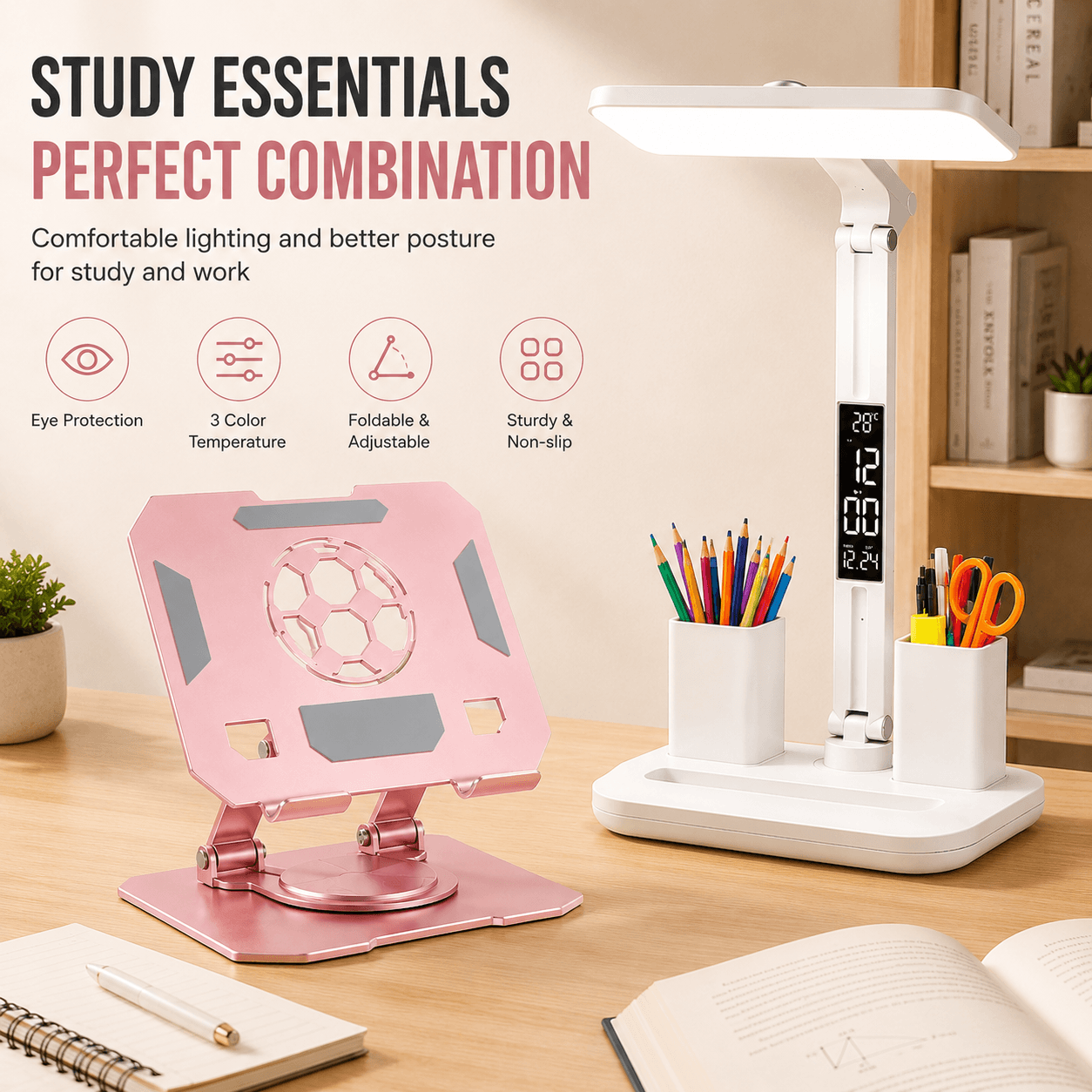 Pink 360 Degree Rotating Tablet Stand and Foldable LED Desk - Pink Light