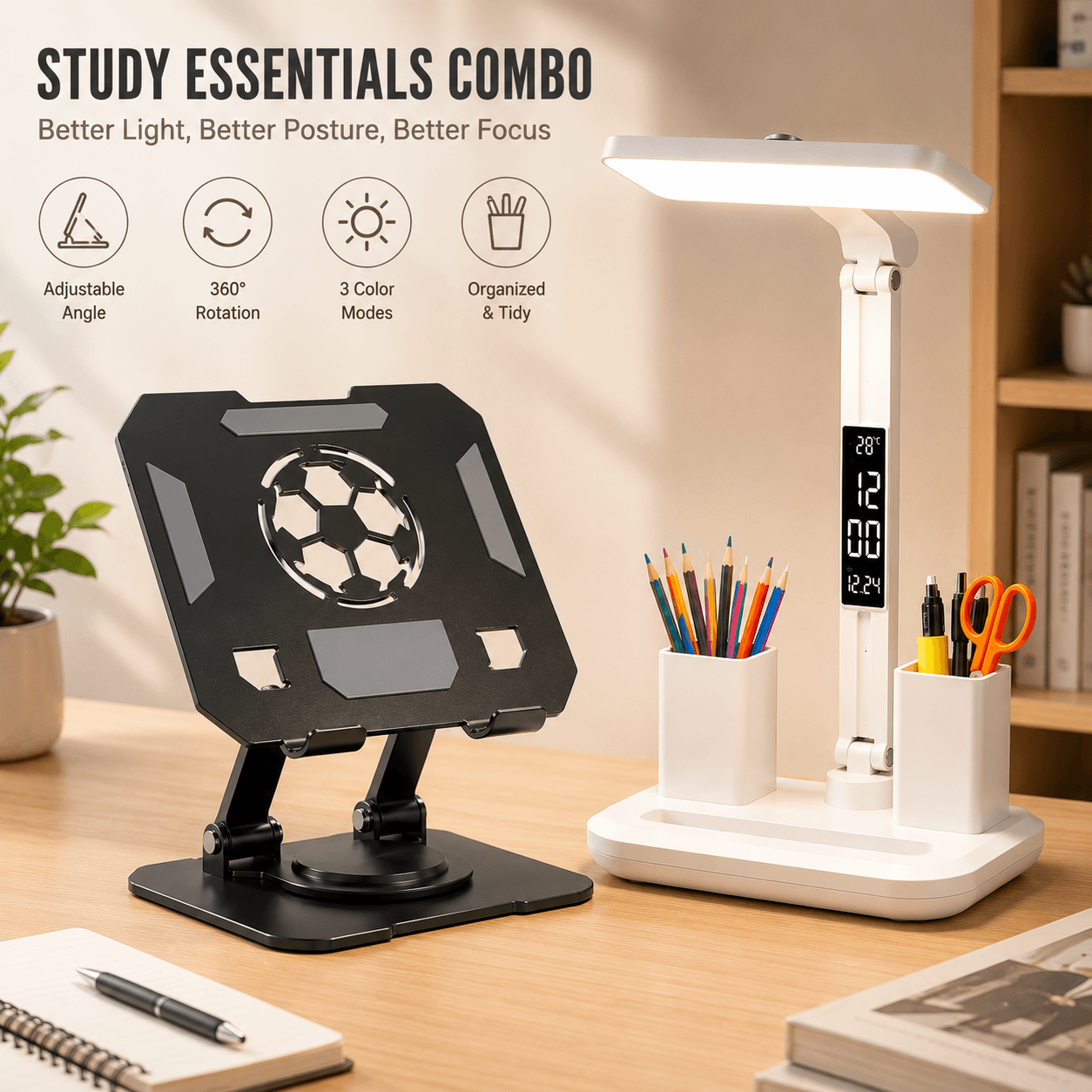Black 360 Degree Rotating Tablet Stand and Foldable LED Desk - Black Led