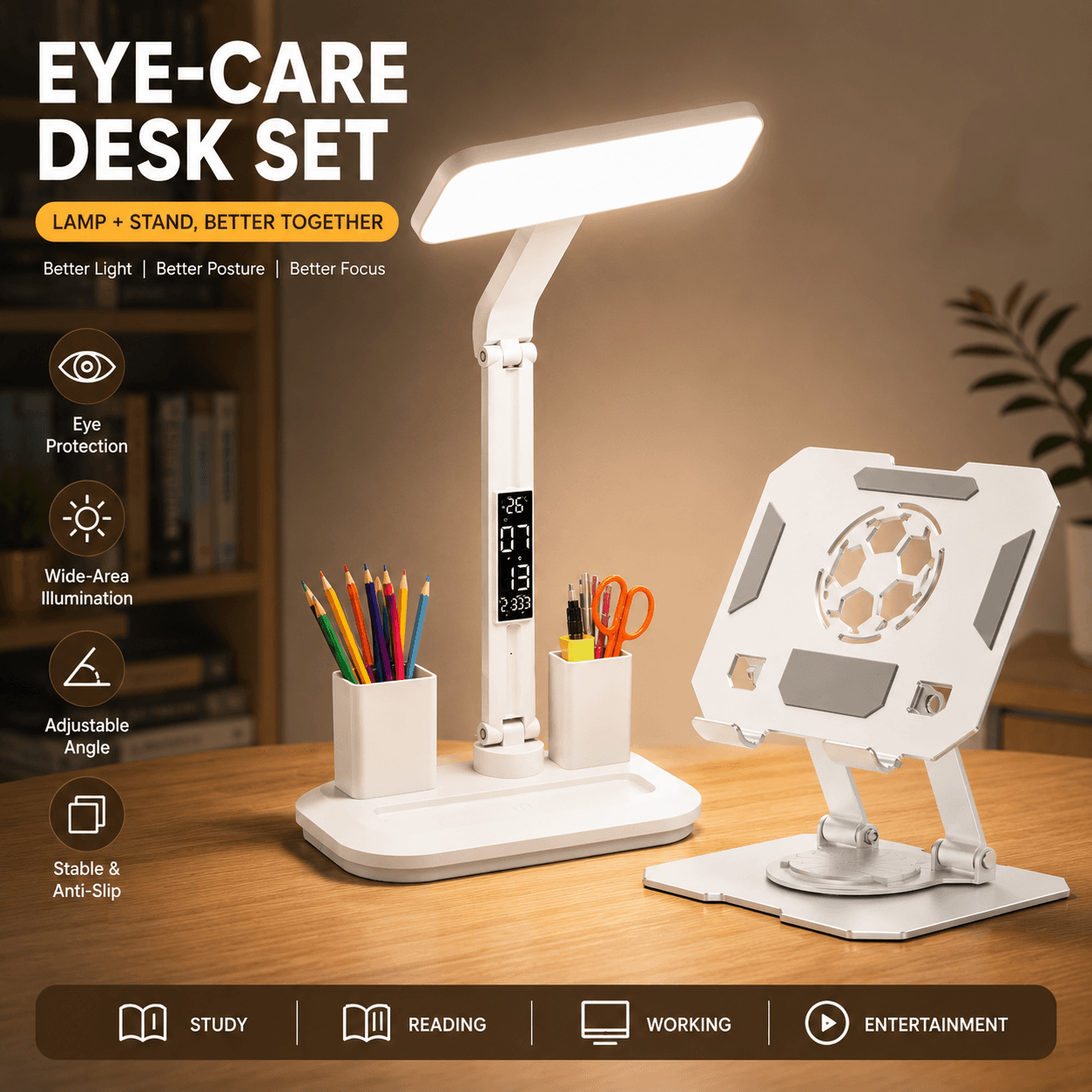 White 360 Degree Rotating Tablet Stand and Foldable LED Desk - White Led