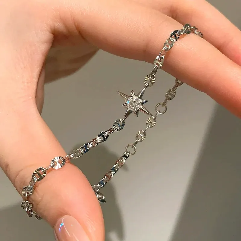 Silver North Star Crystal Charm Bracelet Lucky Star Chain Bracelet for Women