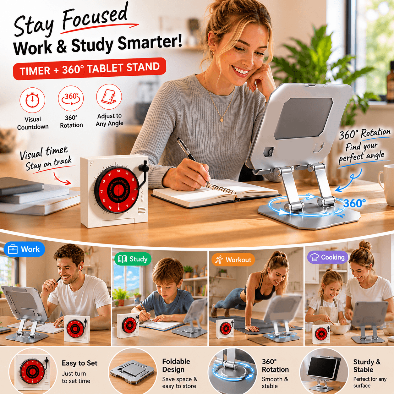 Study Focus Timer (White) and Foldable Metal Tablet Stand (Silver) Set