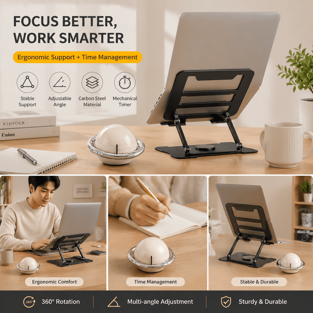 360° Rotating Laptop Stand (Black) & Magnetic Mechanical Timer - Black Beige