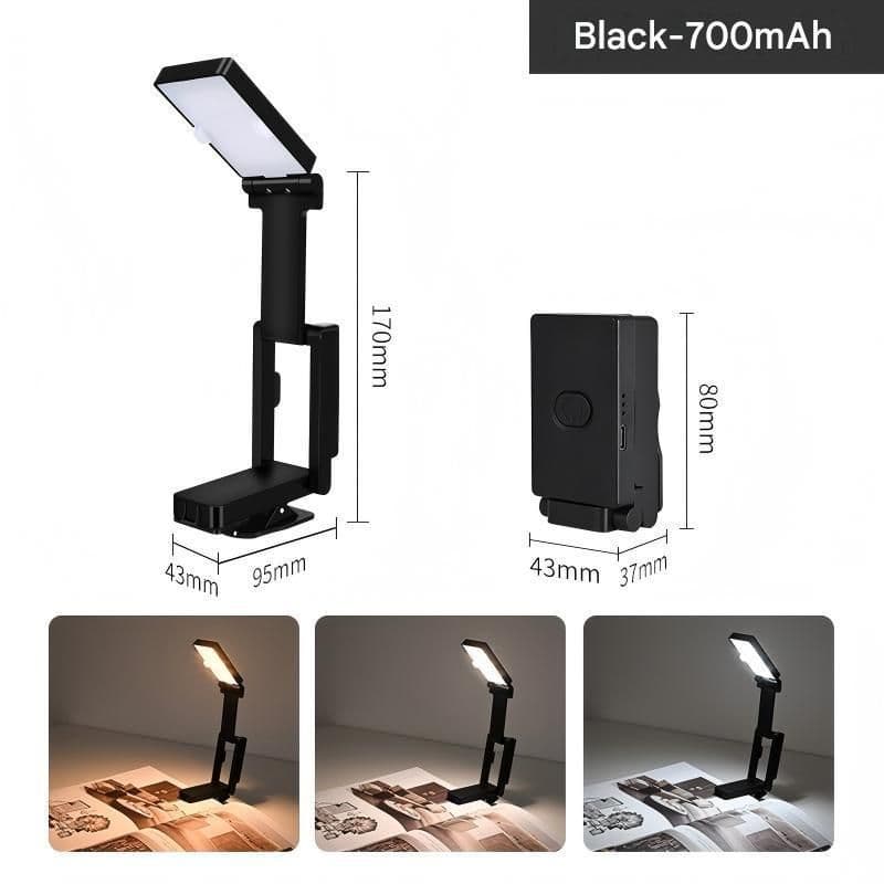 Black Rechargeable LED Clip-On Reading Light - Foldable Portable Mini Book