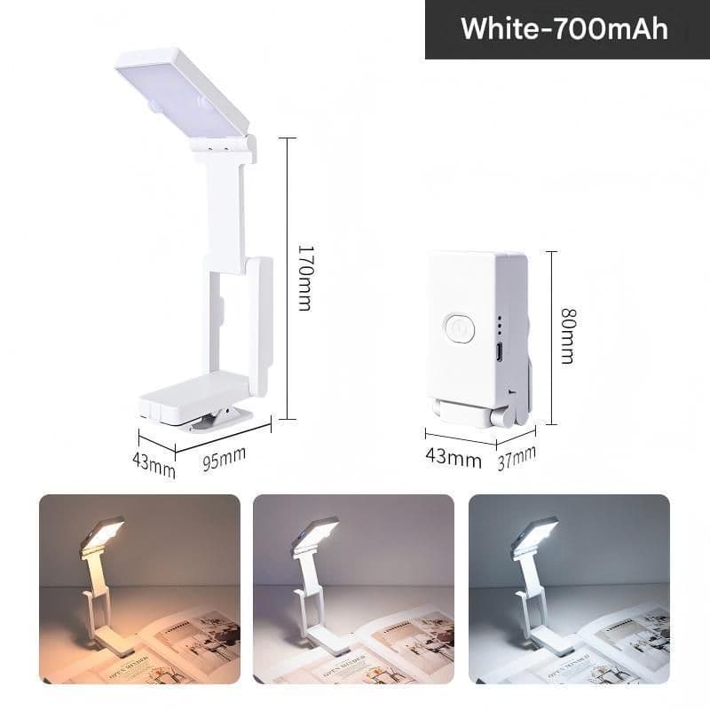 White Rechargeable LED Clip-On Reading Light - Foldable Portable Mini Book
