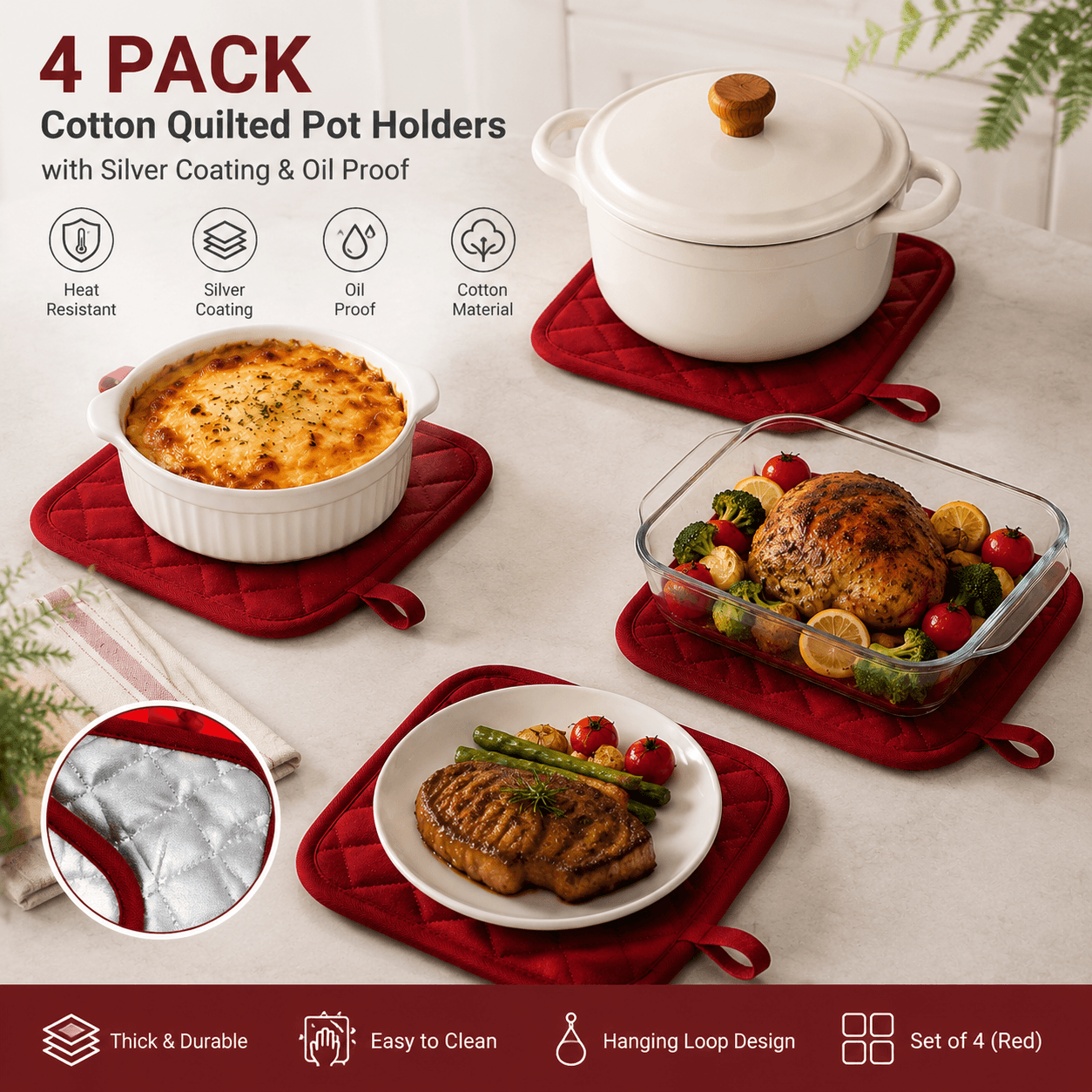 4 Pack Heat-Resistant Pot Holders - Red Cotton Silver Coated Quilted Kitchen