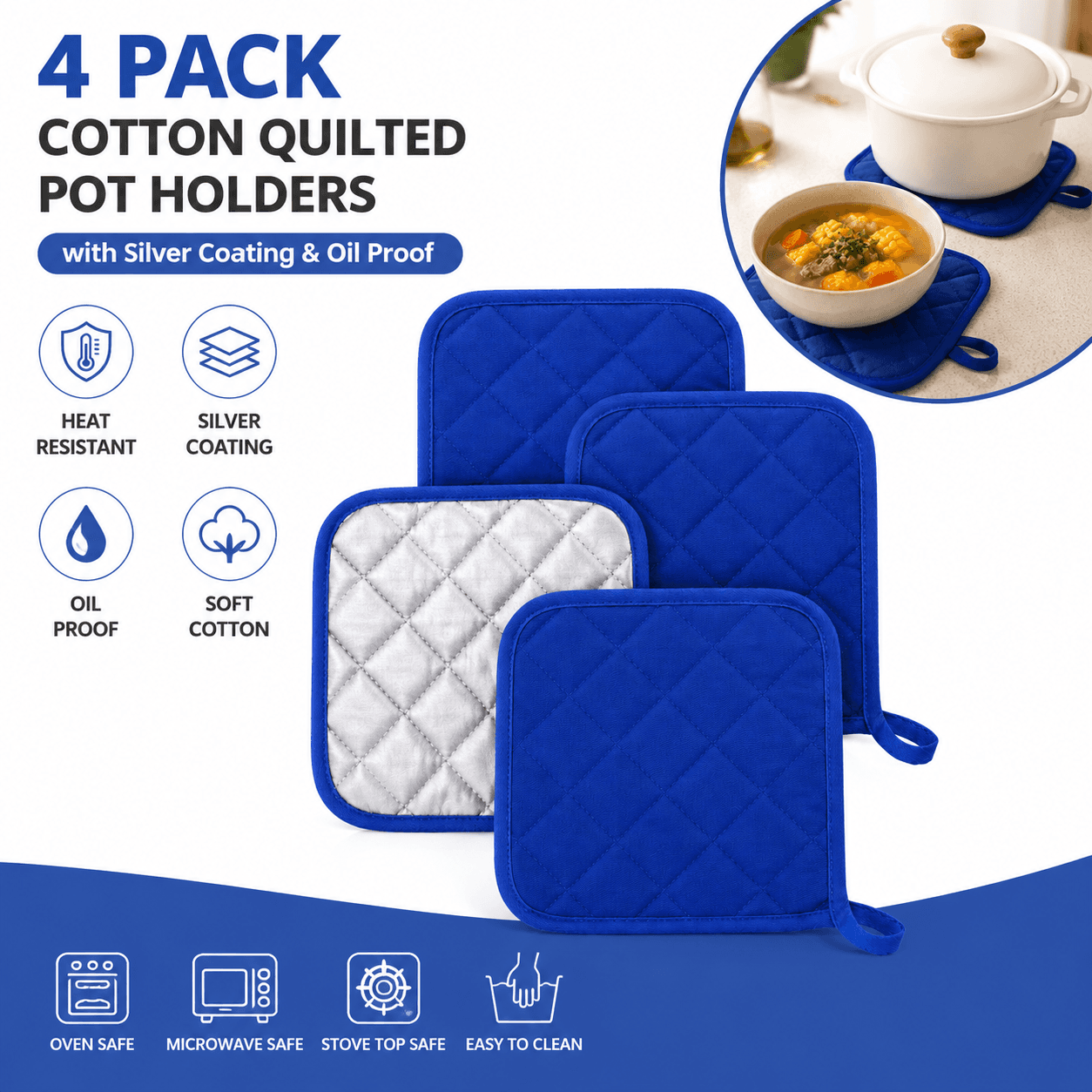 4 Pack Heat-Resistant Pot Holders - Blue Cotton Silver Coated Quilted