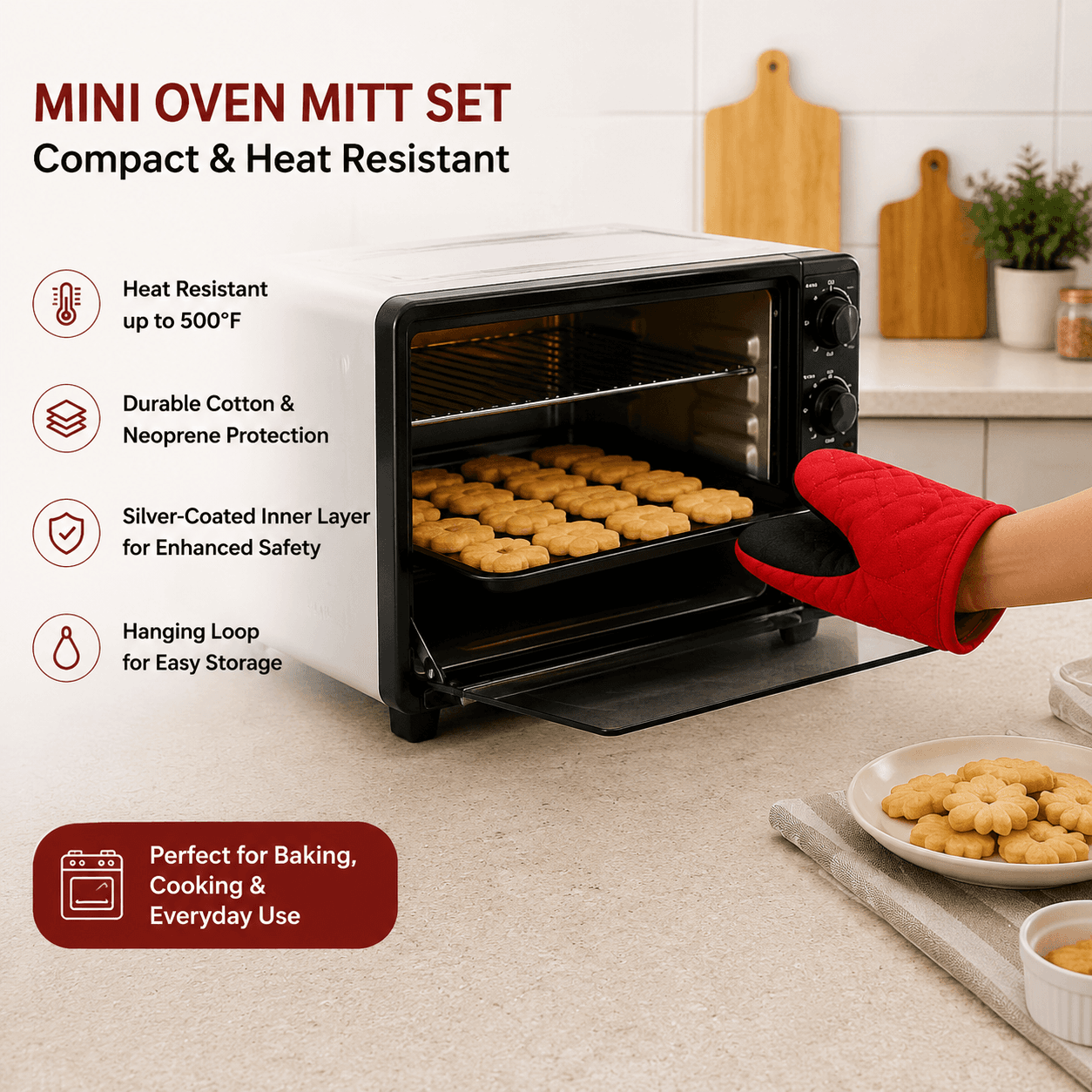 Red Heat-Resistant Oven Mitts 2-Piece Set - Neoprene Cotton Insulated