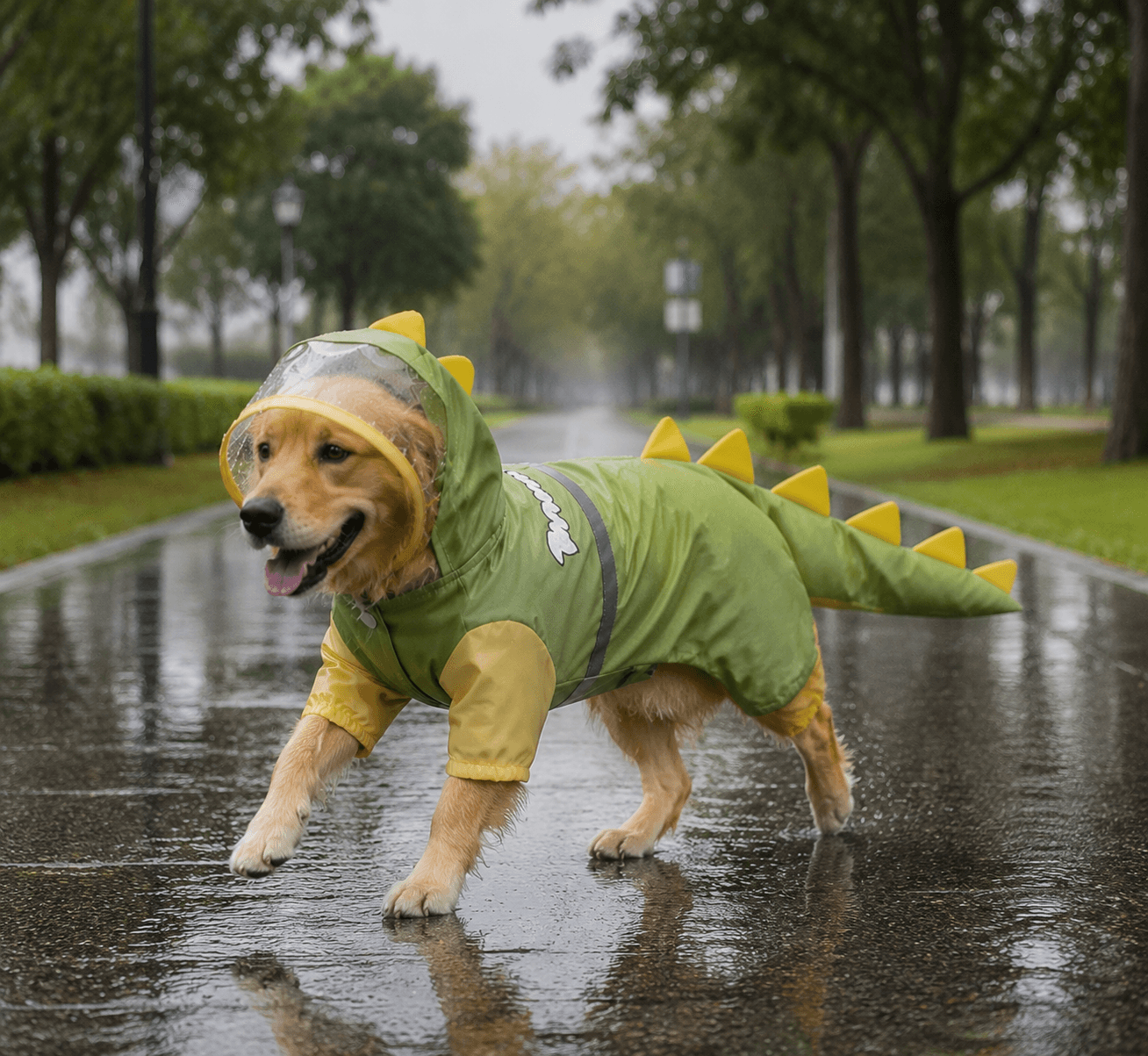 Green Dog Raincoat Dinosaur Hooded Waterproof Jacket 5XL Size with Leash