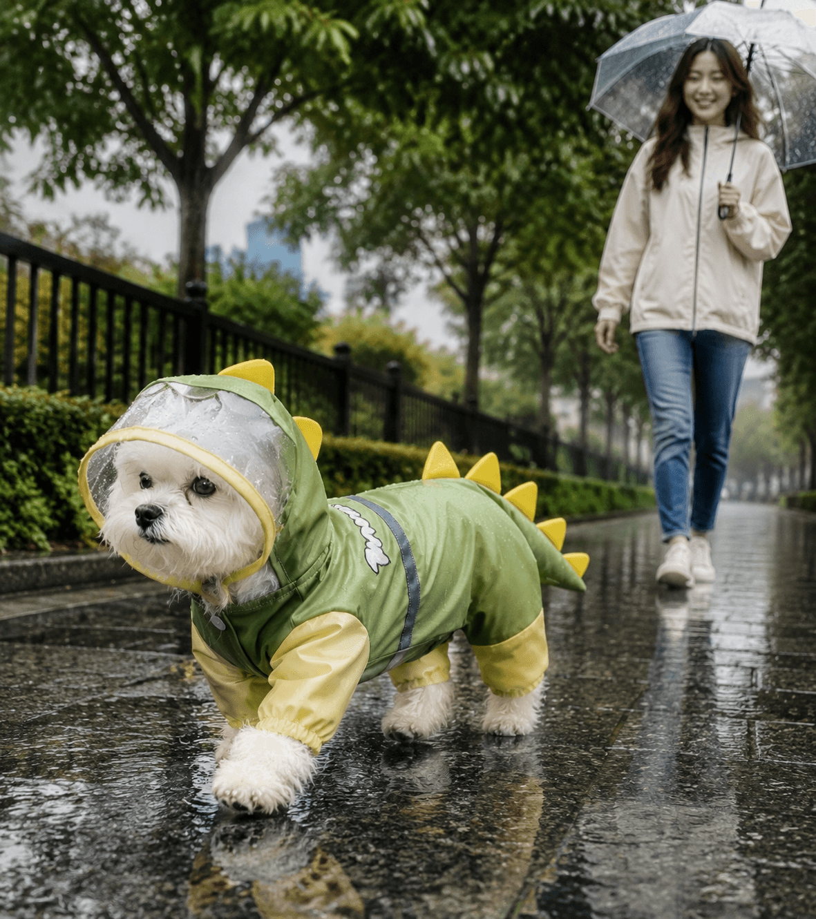 Green Size XL Waterproof Dinosaur Dog Raincoat with Harness Hole Full Body