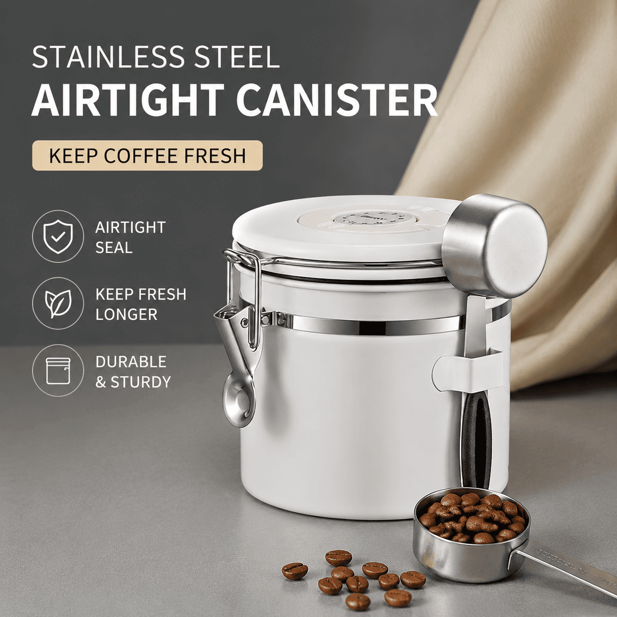 White 304 Stainless Steel Airtight Coffee Canister 1200 ml Vacuum Seal