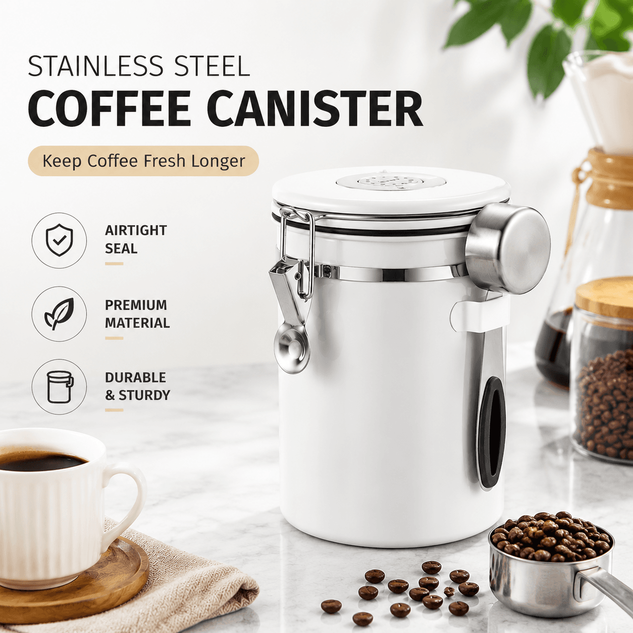 White 304 Stainless Steel Airtight Coffee Canister 1800 ml Vacuum Seal