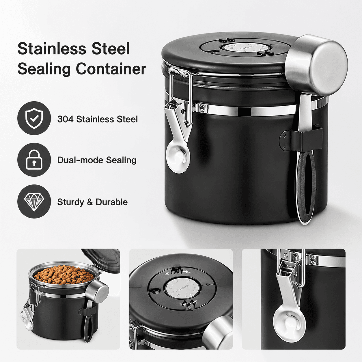 White 304 Stainless Steel Airtight Coffee Canister 1200 ml Vacuum Seal