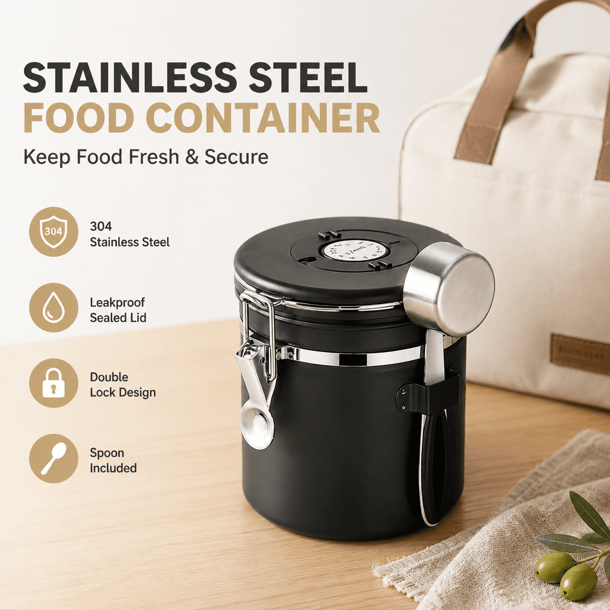 Black 304 Stainless Steel Airtight Coffee Canister 1500 ml Vacuum Seal
