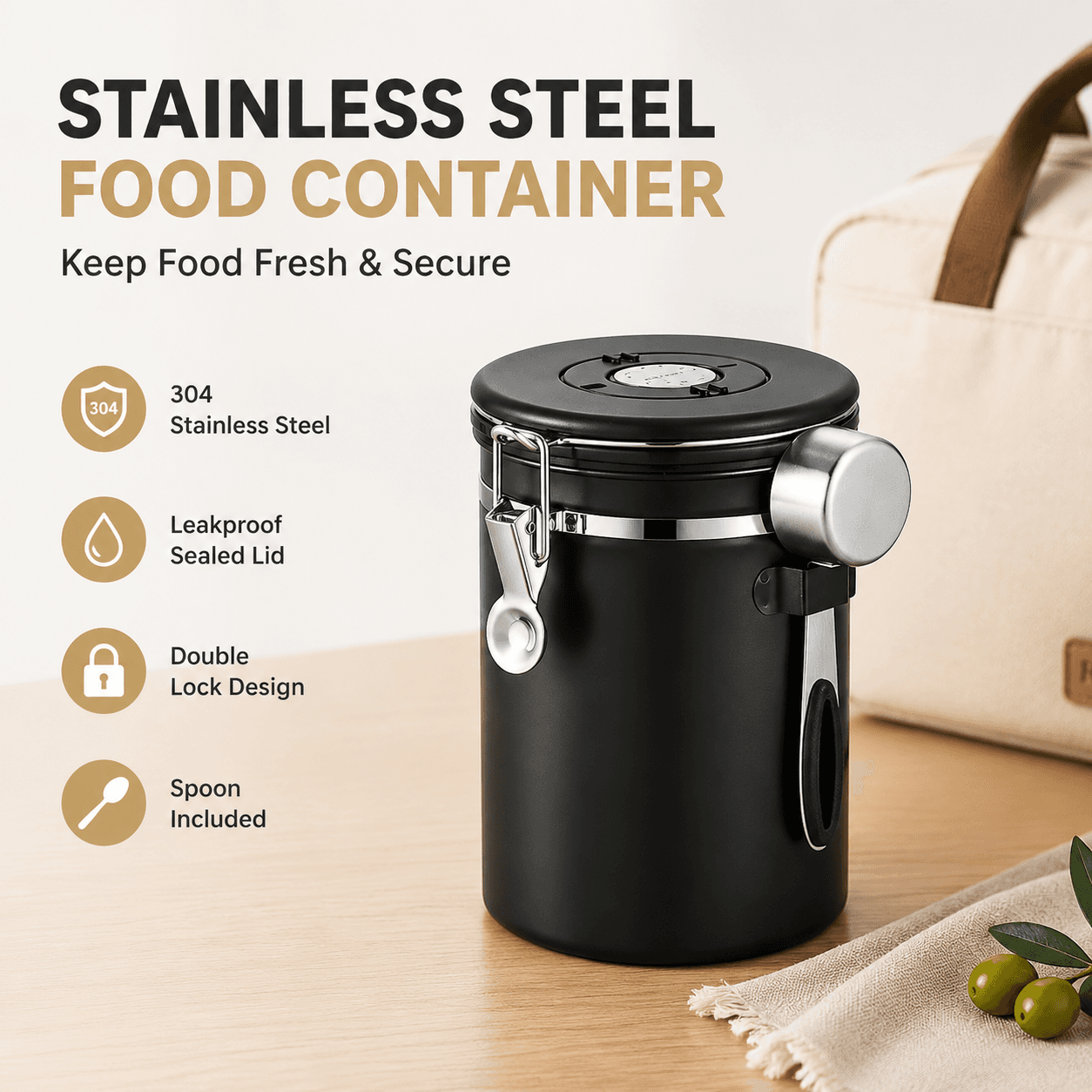 Black 304 Stainless Steel Airtight Coffee Canister 1800 ml Vacuum Seal
