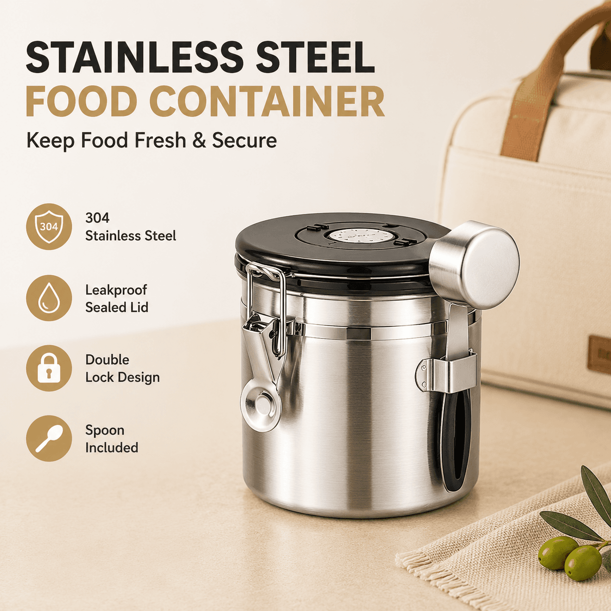 White 304 Stainless Steel Airtight Coffee Canister 1200 ml Vacuum Seal