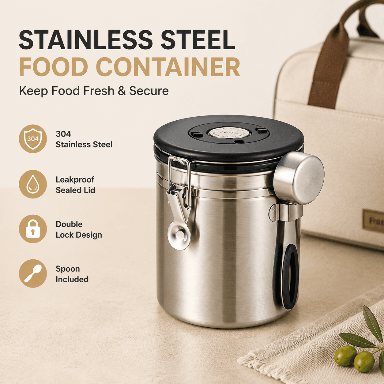 Silver 304 Stainless Steel Airtight Coffee Canister 1500 ml Vacuum Seal