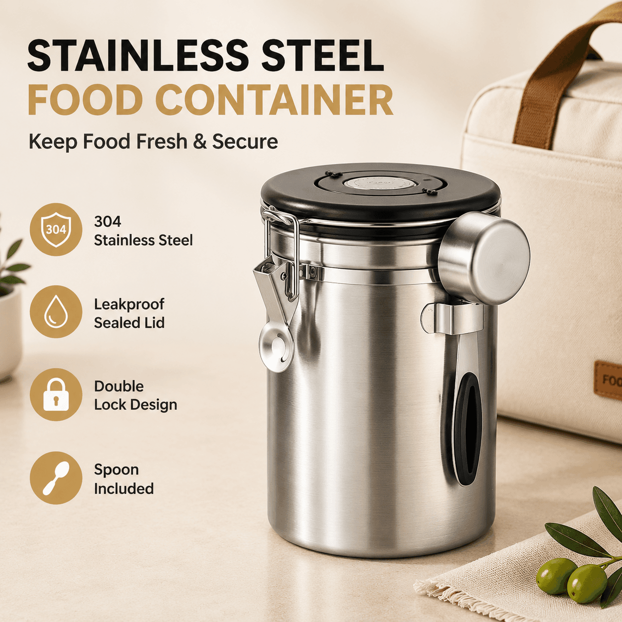 Silver 304 Stainless Steel Airtight Coffee Canister 1800 ml Vacuum Seal