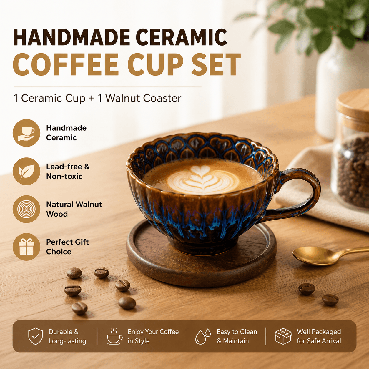 Blue Handmade Ceramic Coffee Cup Set with Walnut Coaster - Kiln-Glazed