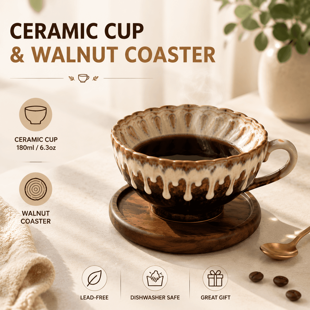 Brown and white Handmade Ceramic Coffee Cup Set with Walnut Coaster