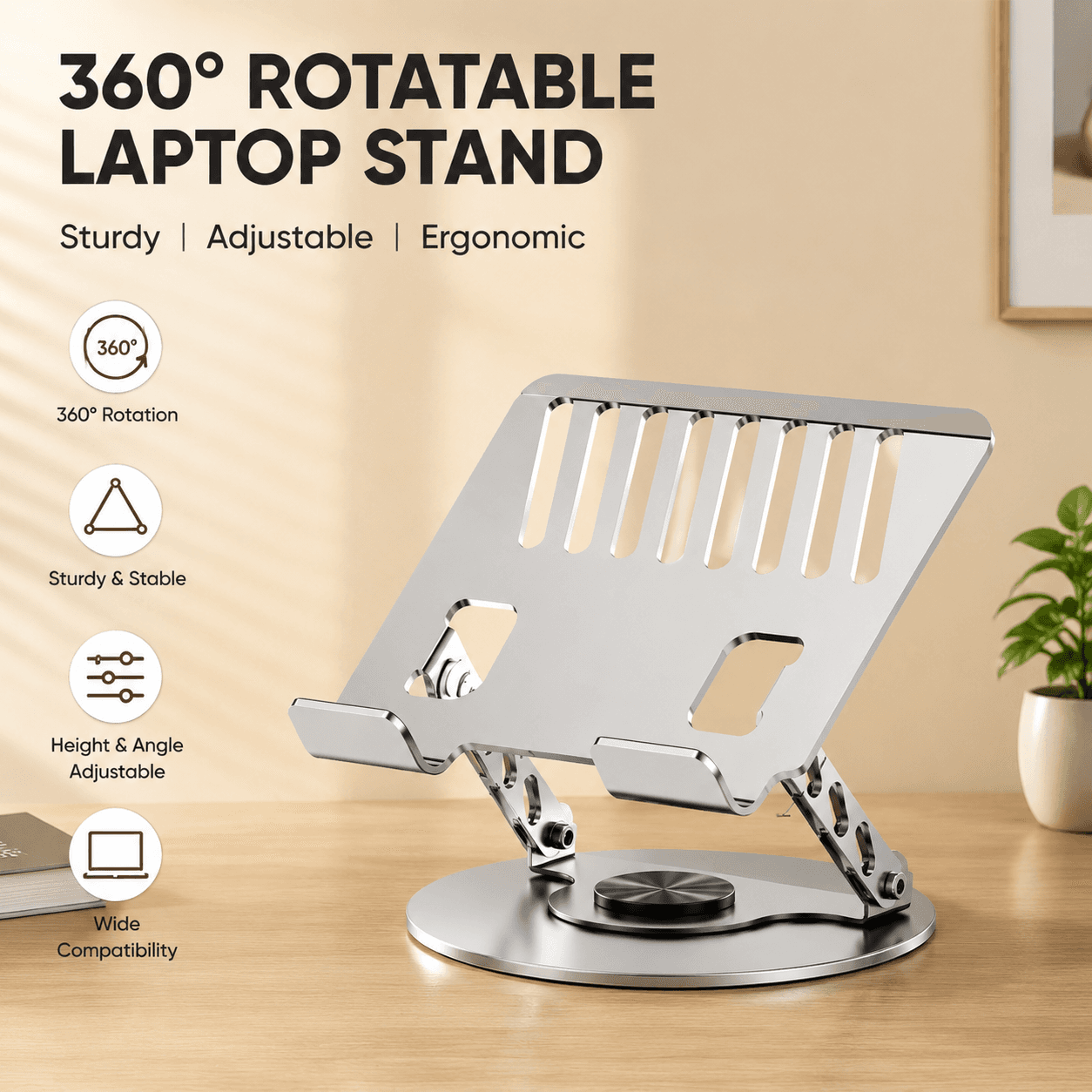 360 Degree Rotatable Laptop Stand Adjustable Aluminium - 20 × 20 cm
