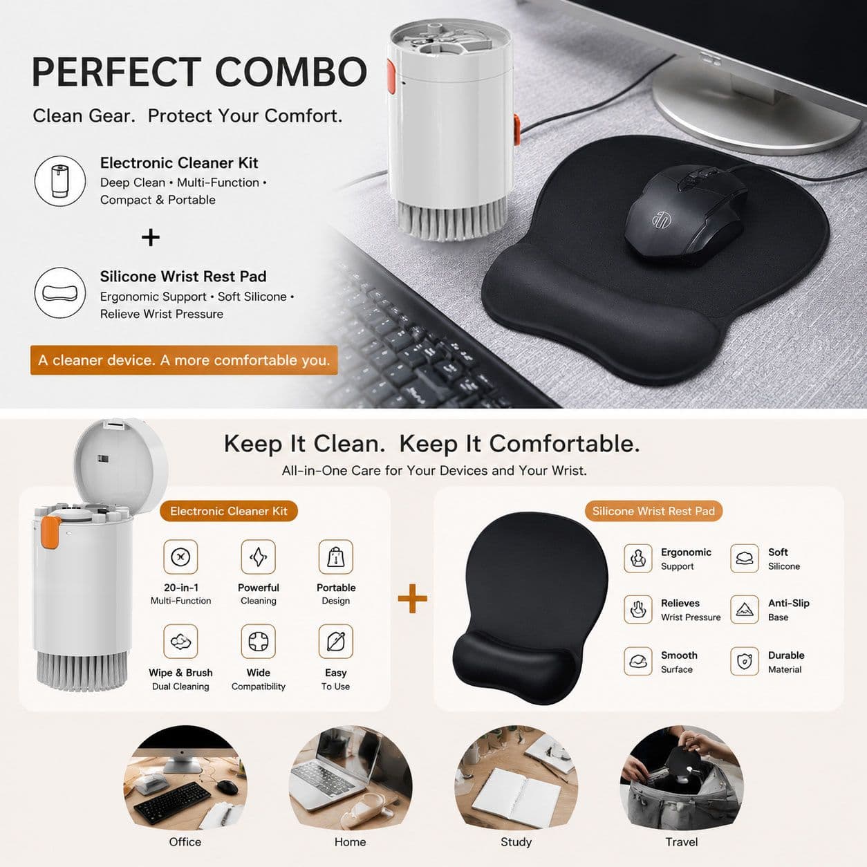 Black silicone wrist rest with 20-in-1 electronics cleaning kit - portable