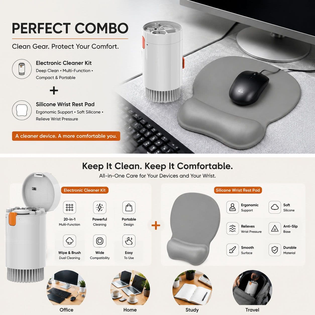 Gray silicone wrist rest with 20-in-1 electronics cleaning kit - portable