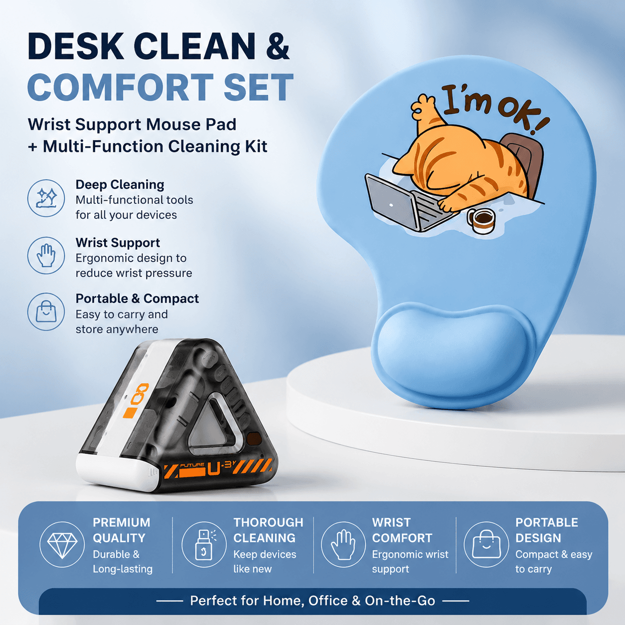 Wrist Support Mouse Pad and (Black) Desk Cleaning Kit Combo Set - Black Kit