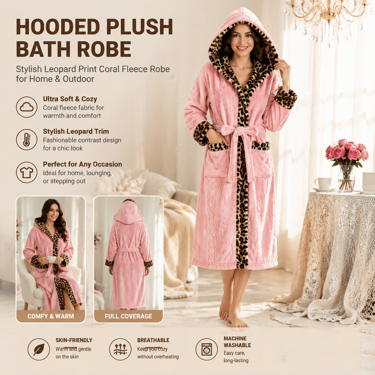 Women's Pink Coral Fleece Hooded Bathrobe with Leopard Print Trim (L) - Soft