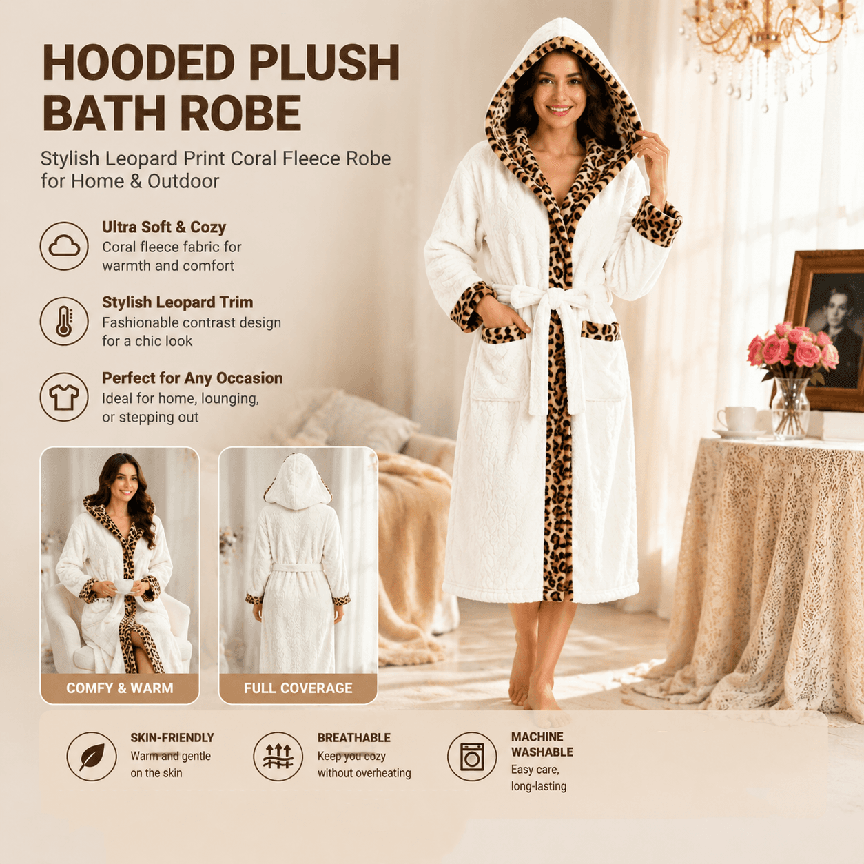 Women's White Coral Fleece Hooded Bathrobe with Leopard Print Trim (L)