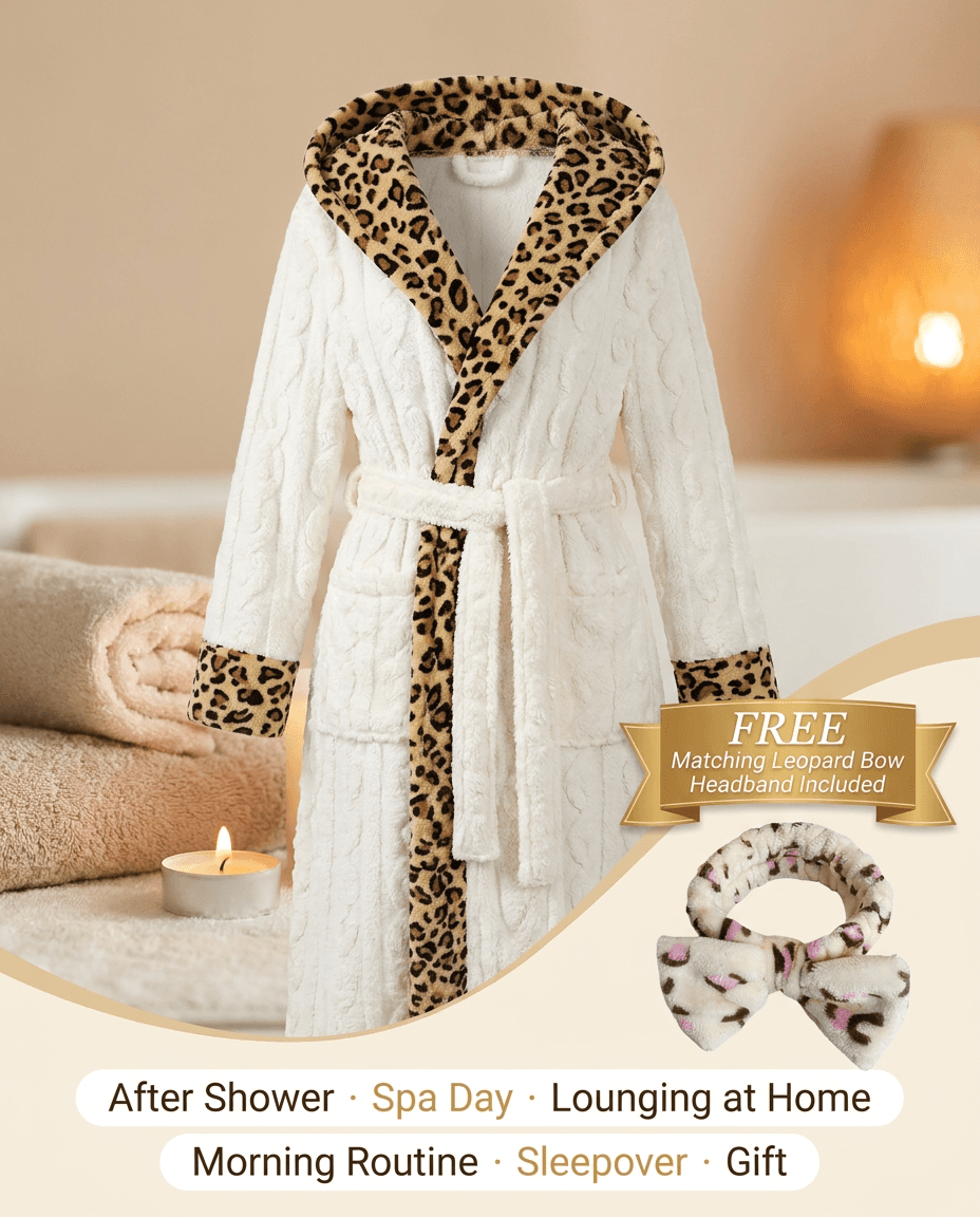 Coral Fleece Leopard Trim Bathrobe Set Bow Headband Included- White Hooded