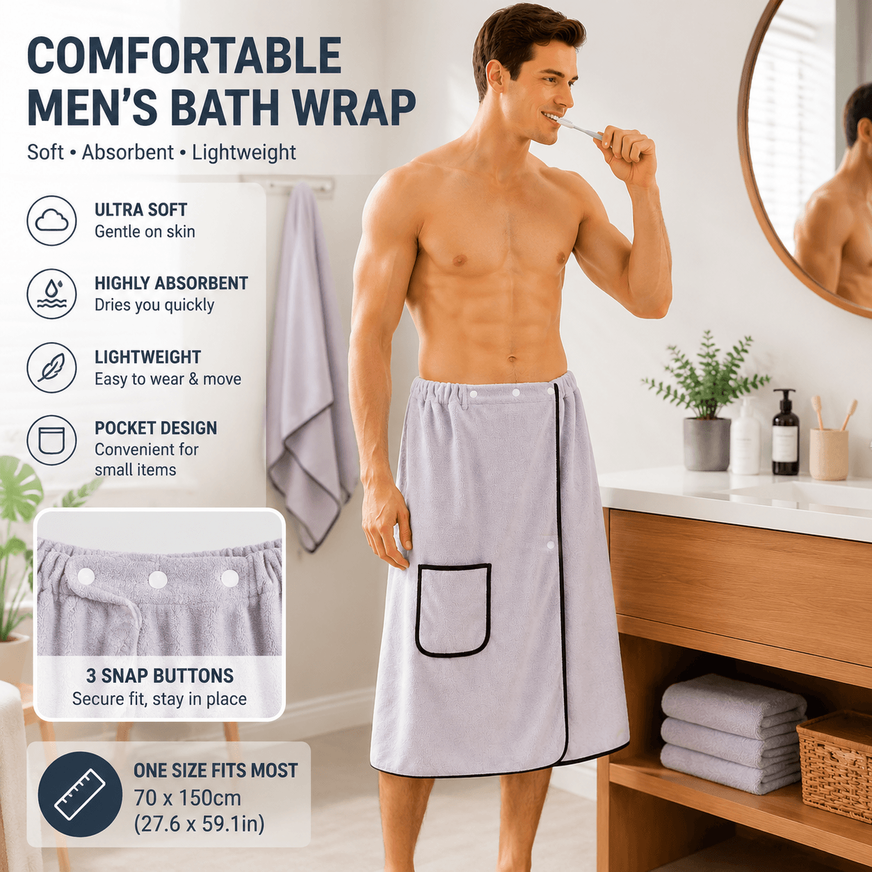 Men’s Bath Wrap Microfiber Quick Dry Absorbent Adjustable - Adjustable Grey