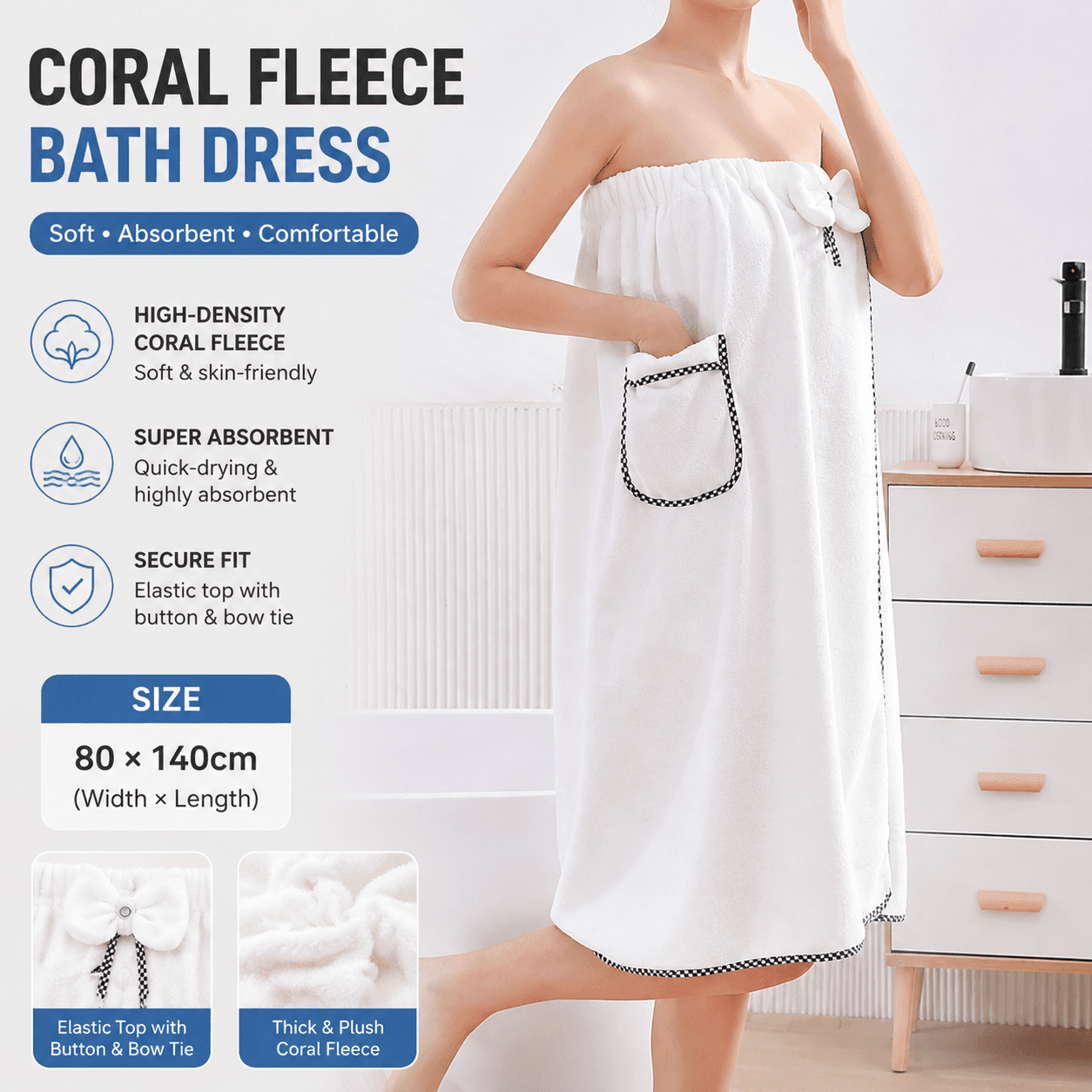 White Women's Coral Fleece Wearable Bath Towel Wrap - 80 × 140 cm