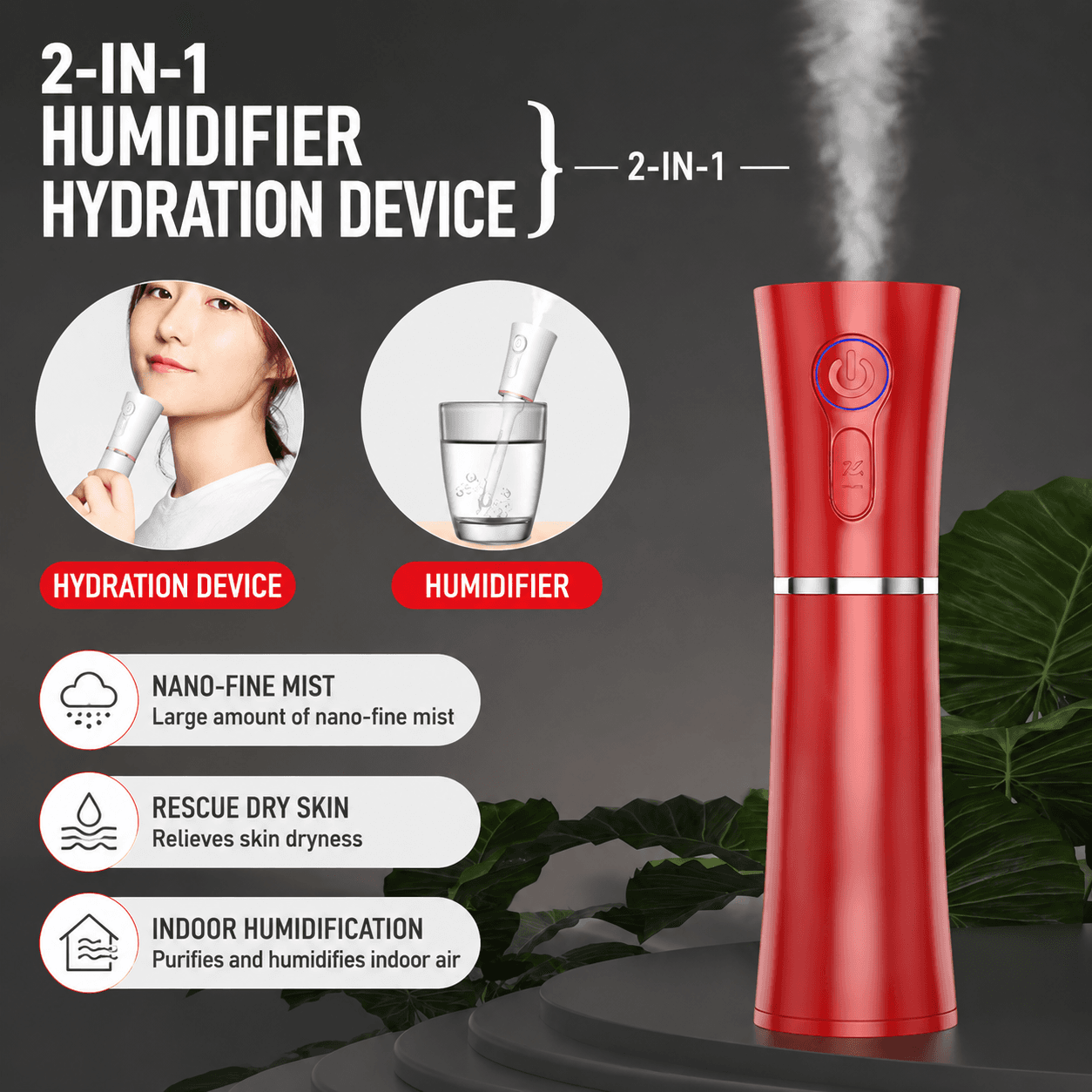 Red 2 in 1 Portable Facial Mist Humidifier Nano Mist Sprayer - Red Skin
