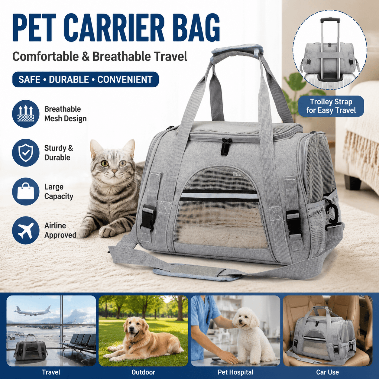 Grey Pet Carrier Bag - Breathable Meshfor Small Dogs - 44 × 25 × 28 cm