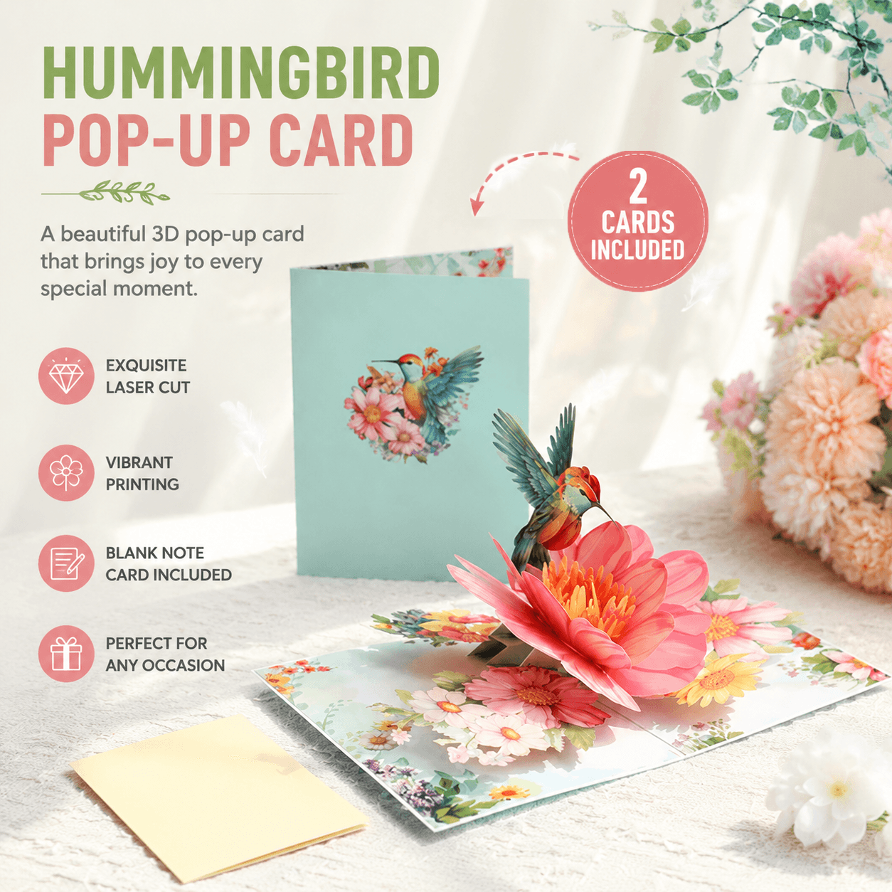 3D Pop Up Greeting Card Set Hummingbird Floral Design 2 Pack Handmade Style