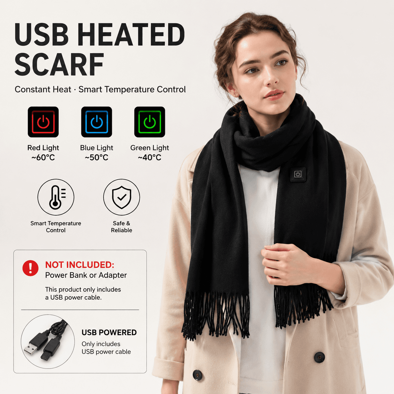 Black USB Heated Scarf Electric Heating Winter Scarf Smart Temperature