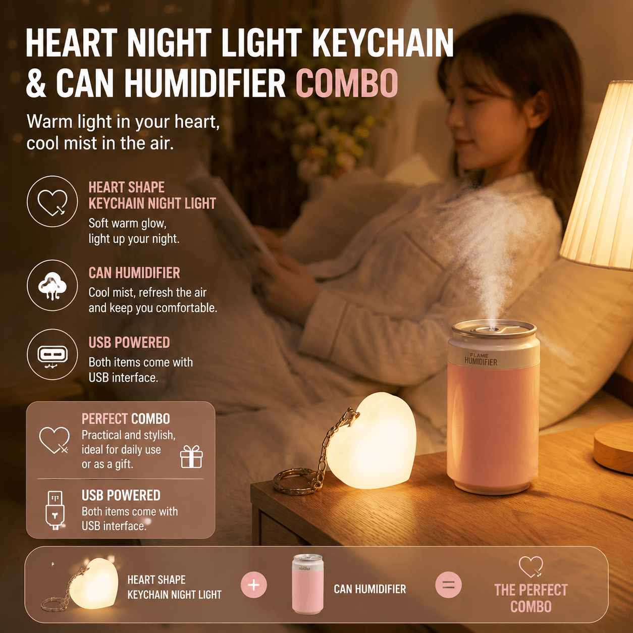 Heart Touch Sensor LED Keychain Light + Pink Mini Can Humidifier